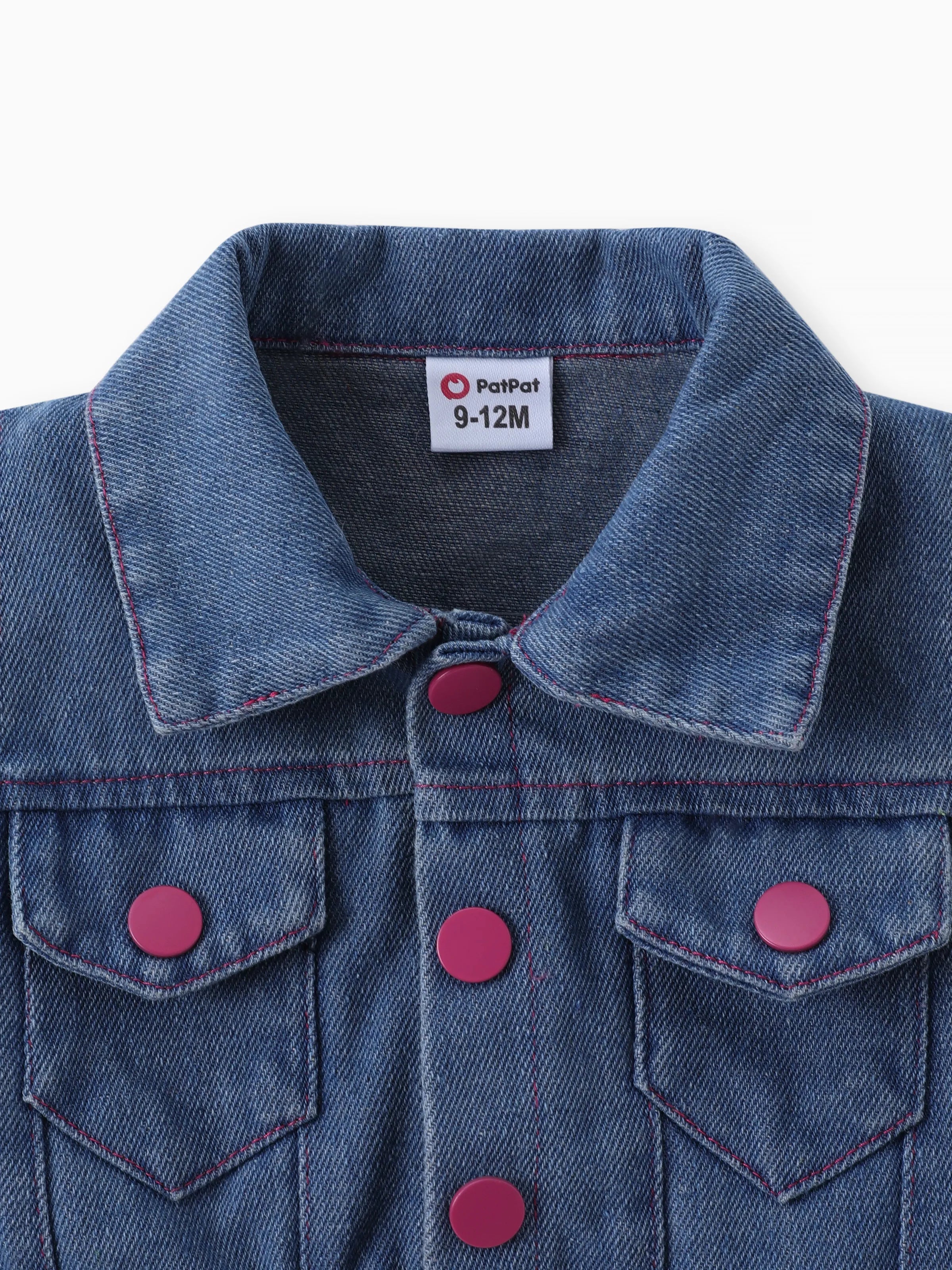 2pcs Baby Girl Solid Rib-knit Romper and Button Up Front Vest Denim Jacket Set Hot Pink