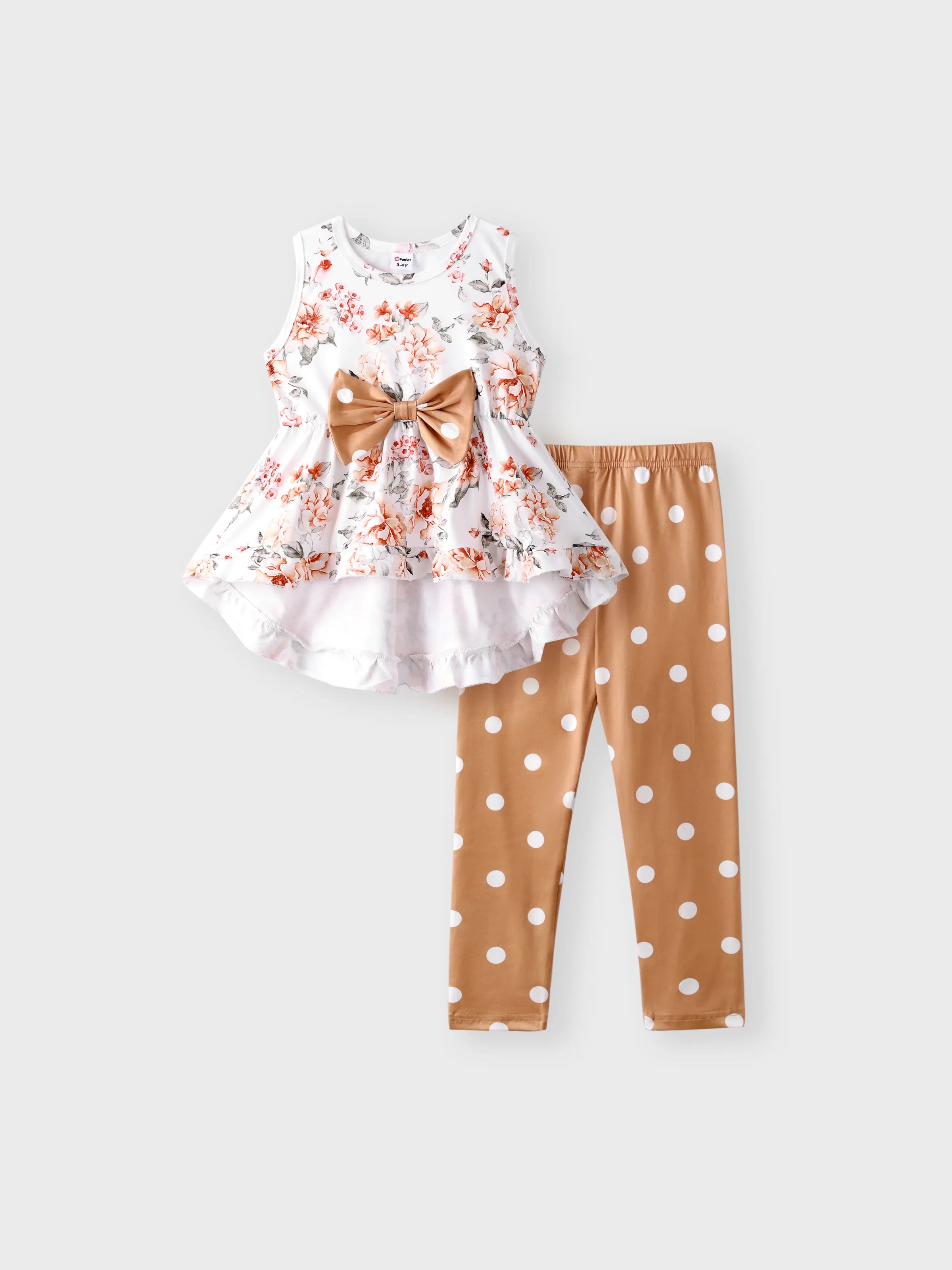 2-piece Toddler Girl Floral Print Bowknot Design Ruffled High Low Sleeveless Tee and Polka dots Pants Set White