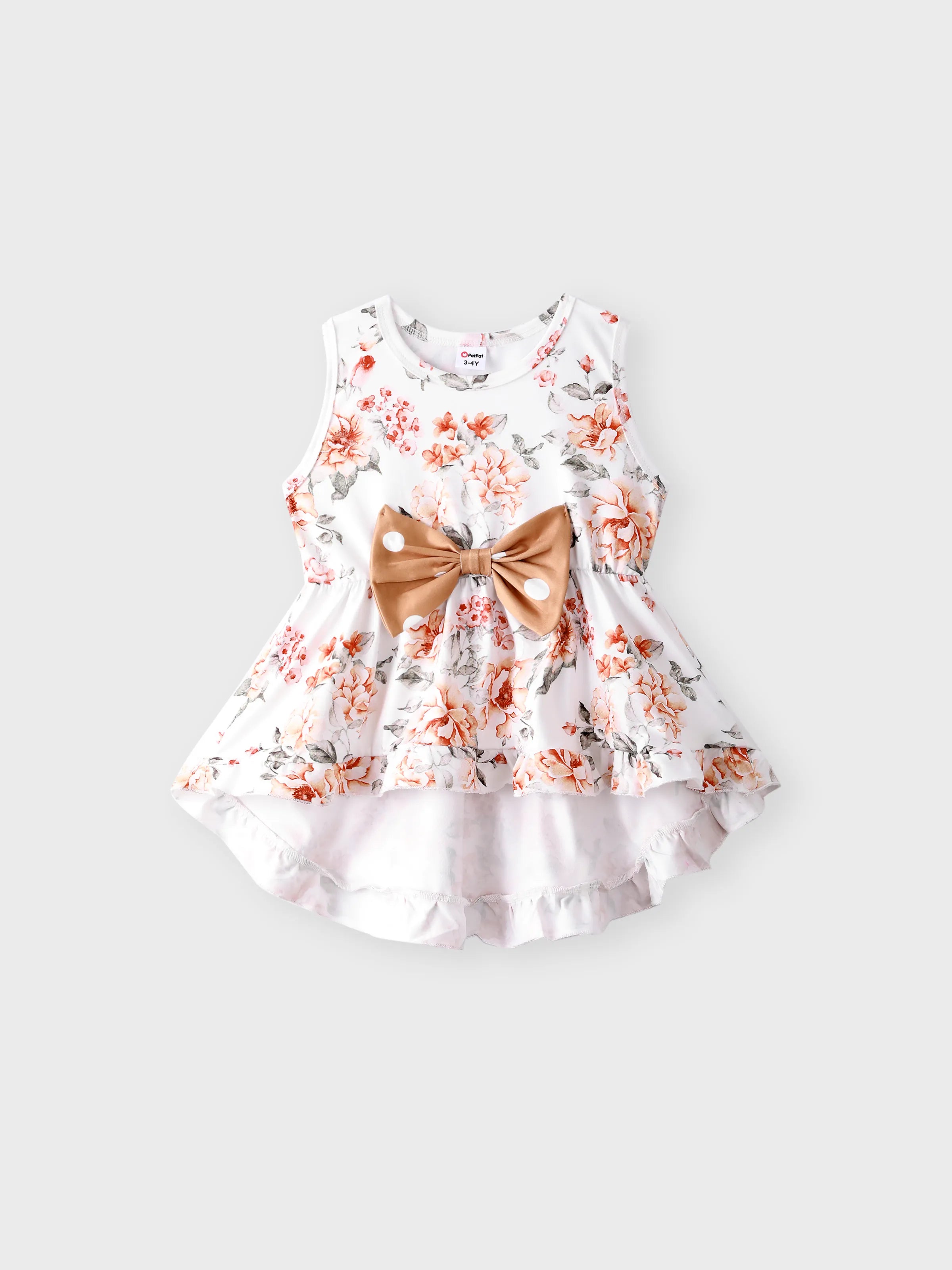 2-piece Toddler Girl Floral Print Bowknot Design Ruffled High Low Sleeveless Tee and Polka dots Pants Set White