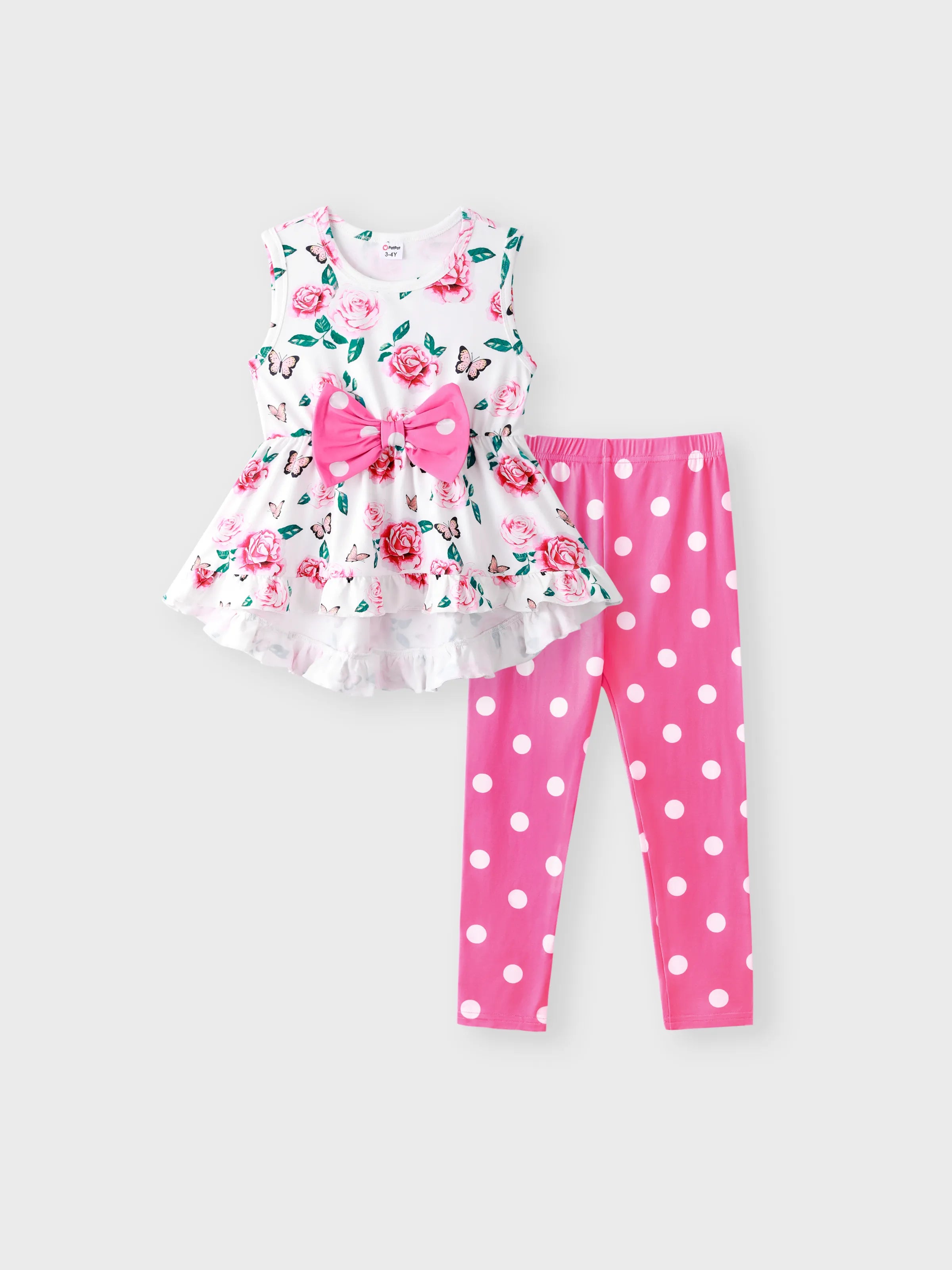 2-piece Toddler Girl Floral Print Bowknot Design Ruffled High Low Sleeveless Tee and Polka dots Pants Set Pink