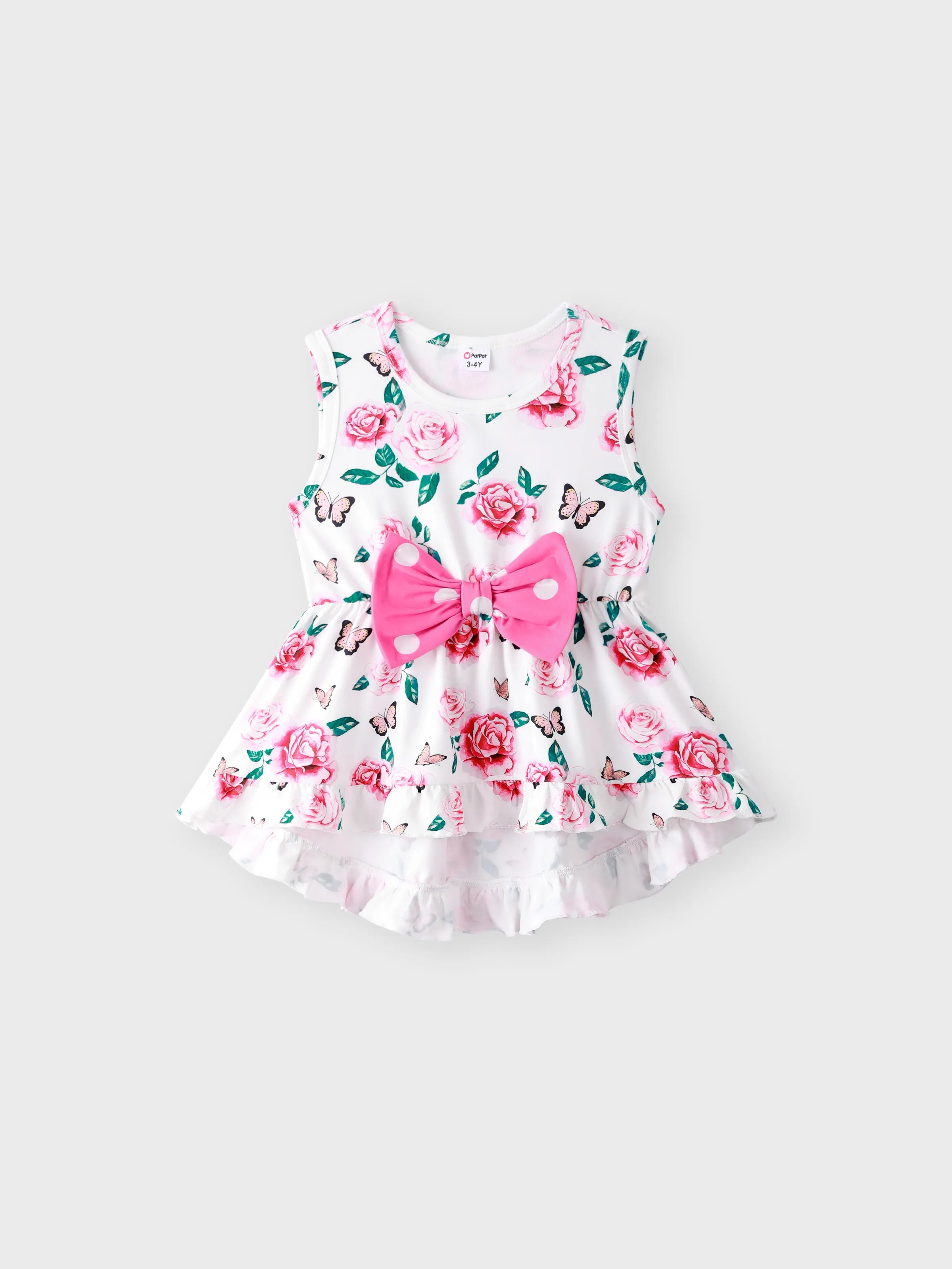 2-piece Toddler Girl Floral Print Bowknot Design Ruffled High Low Sleeveless Tee and Polka dots Pants Set Pink