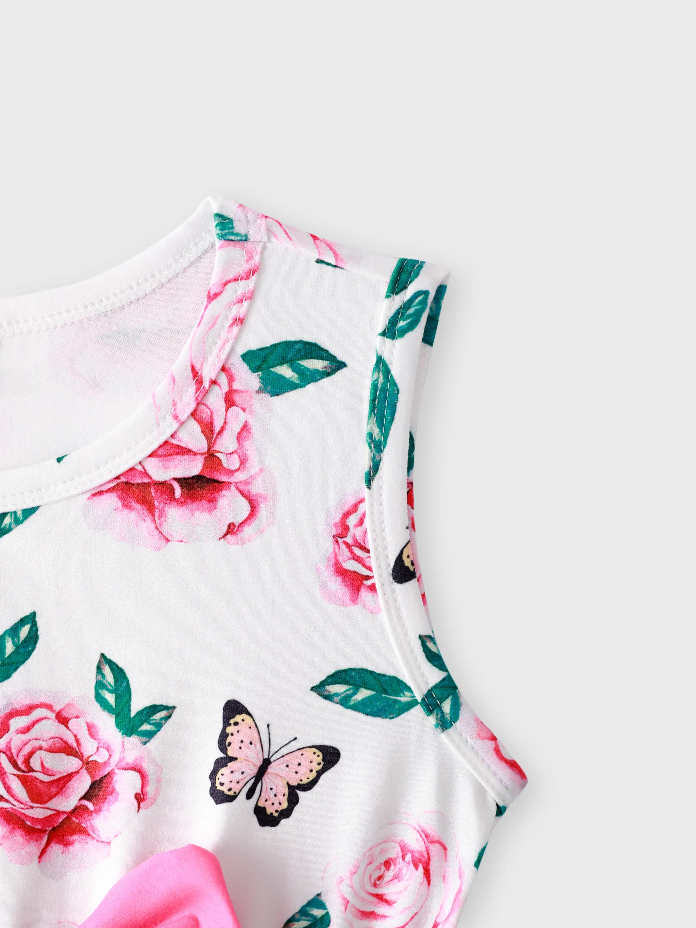 2-piece Toddler Girl Floral Print Bowknot Design Ruffled High Low Sleeveless Tee and Polka dots Pants Set Pink