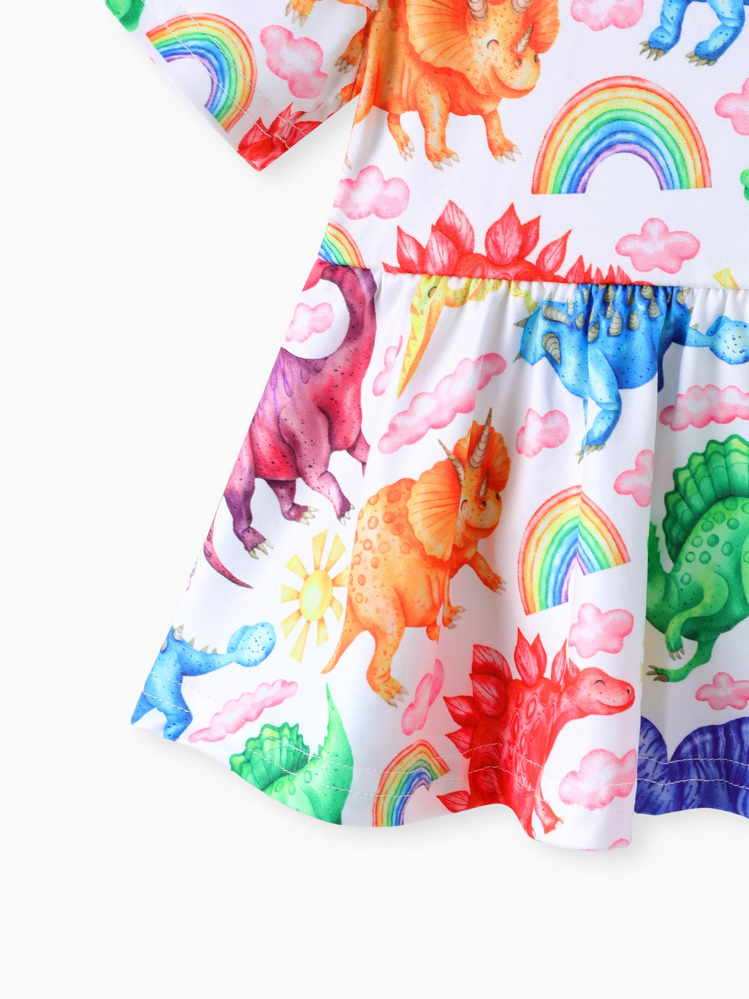 2pcs Baby Girl 95% Cotton Ripped Denim Jeans and Allover Dinosaur Print Ruffle Short-sleeve Top Set Multi-color