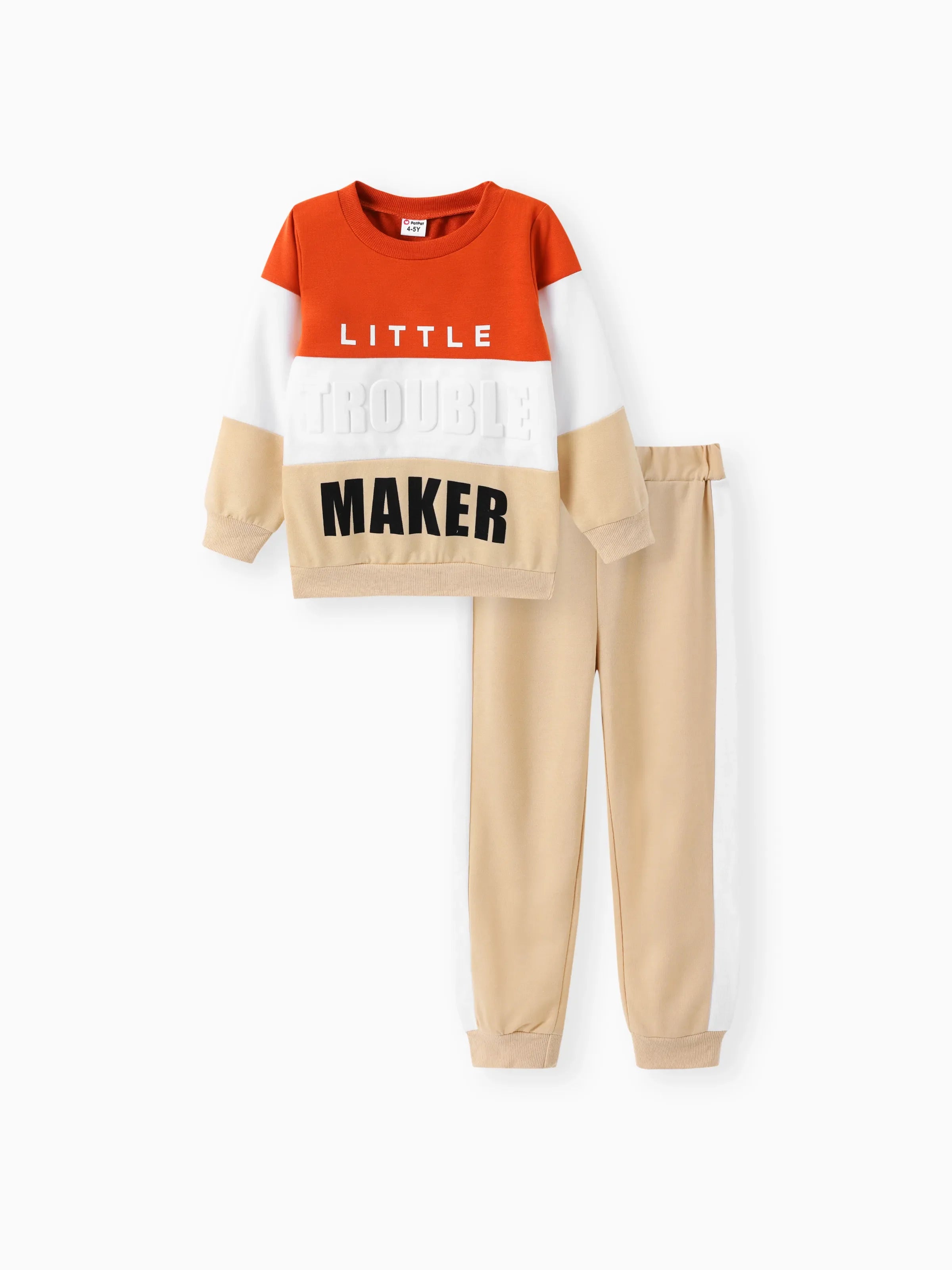 2pcs Toddler Boy Trendy Letter Print Colorblock Sweatshirt and Pants Set Apricot