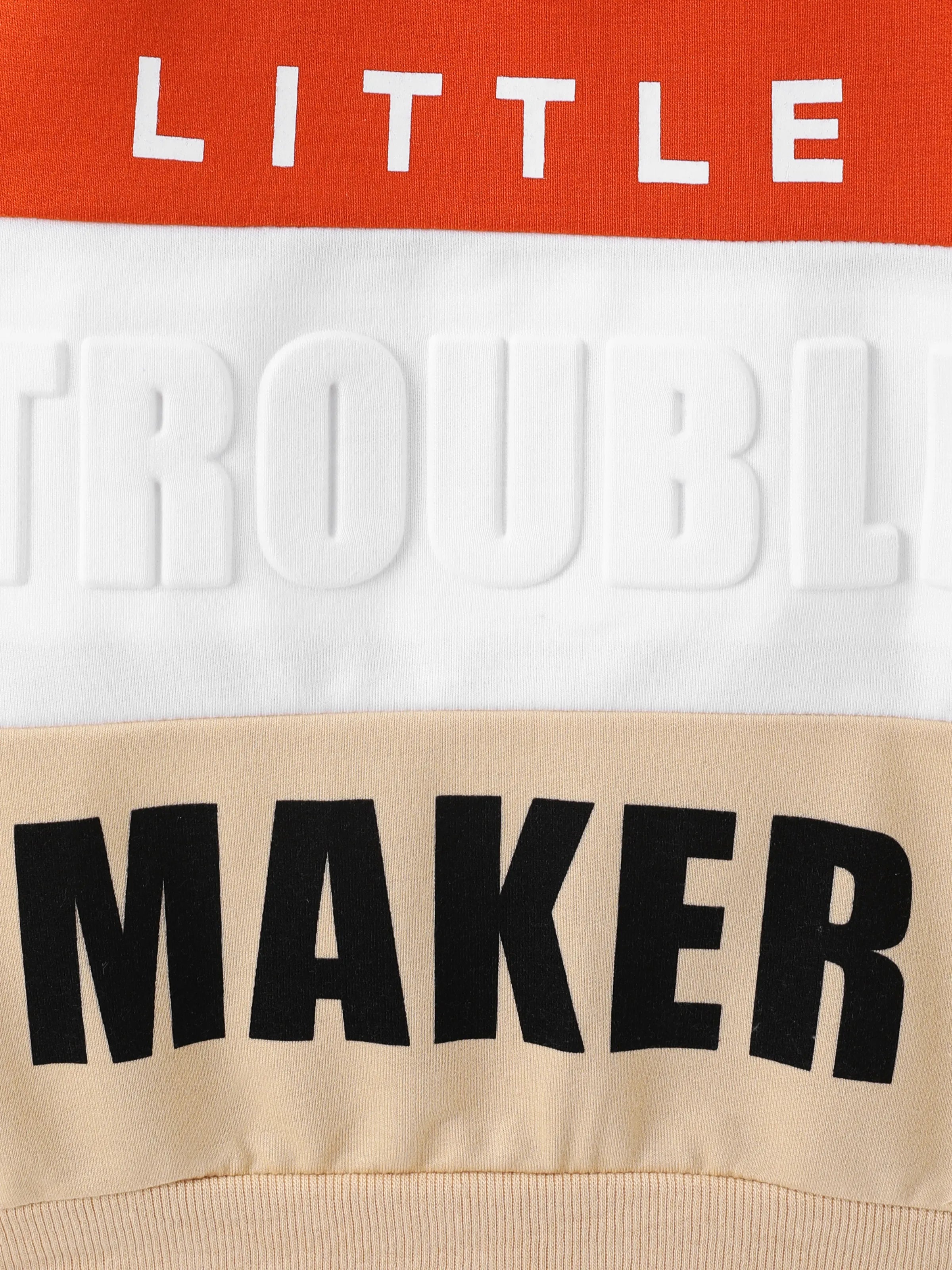 2pcs Toddler Boy Trendy Letter Print Colorblock Sweatshirt and Pants Set Apricot