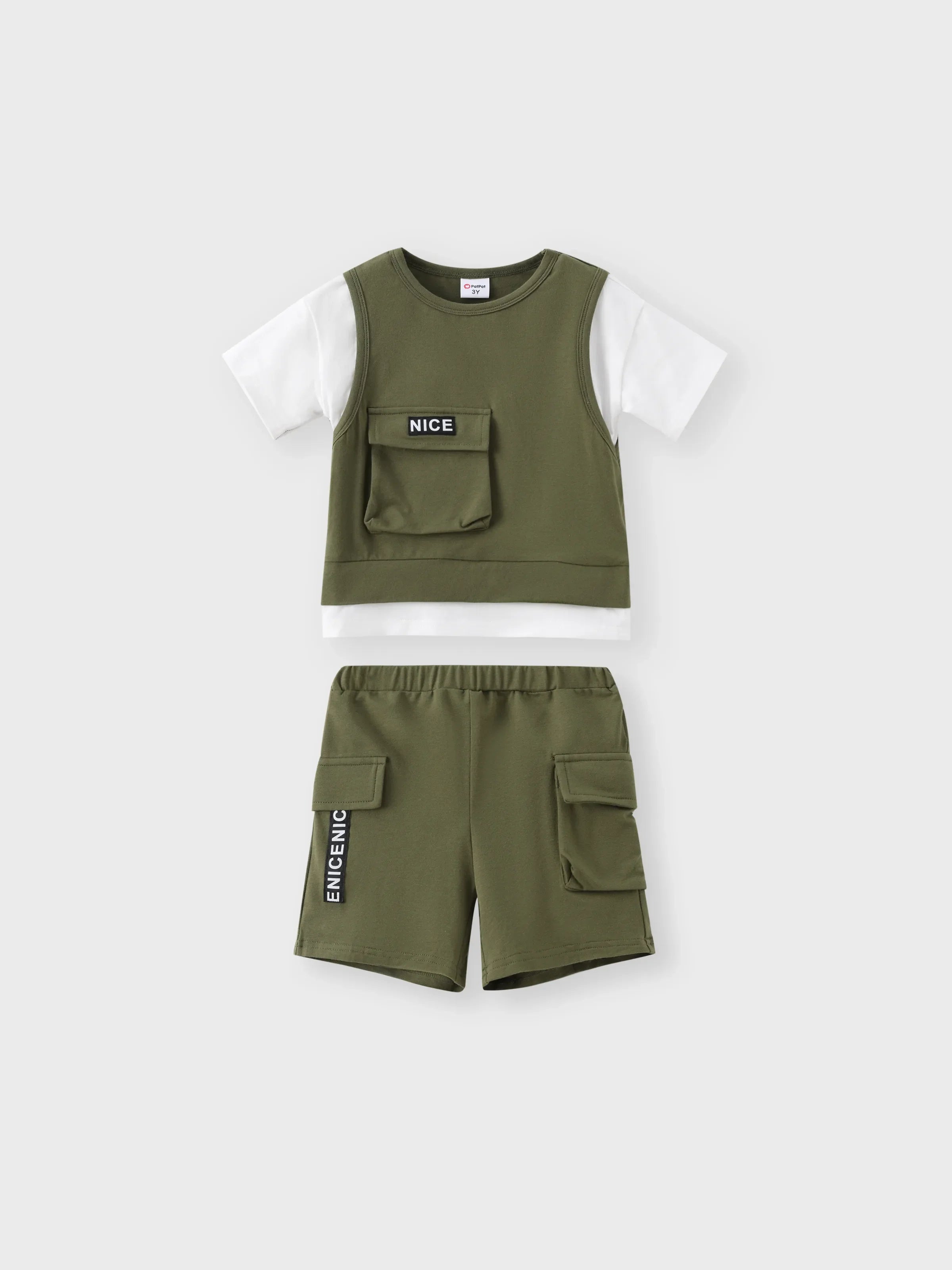 2pcs Toddler Boy Trendy Patch Pocket Short-sleeve Cotton Top and Cargo Shorts Set Army green
