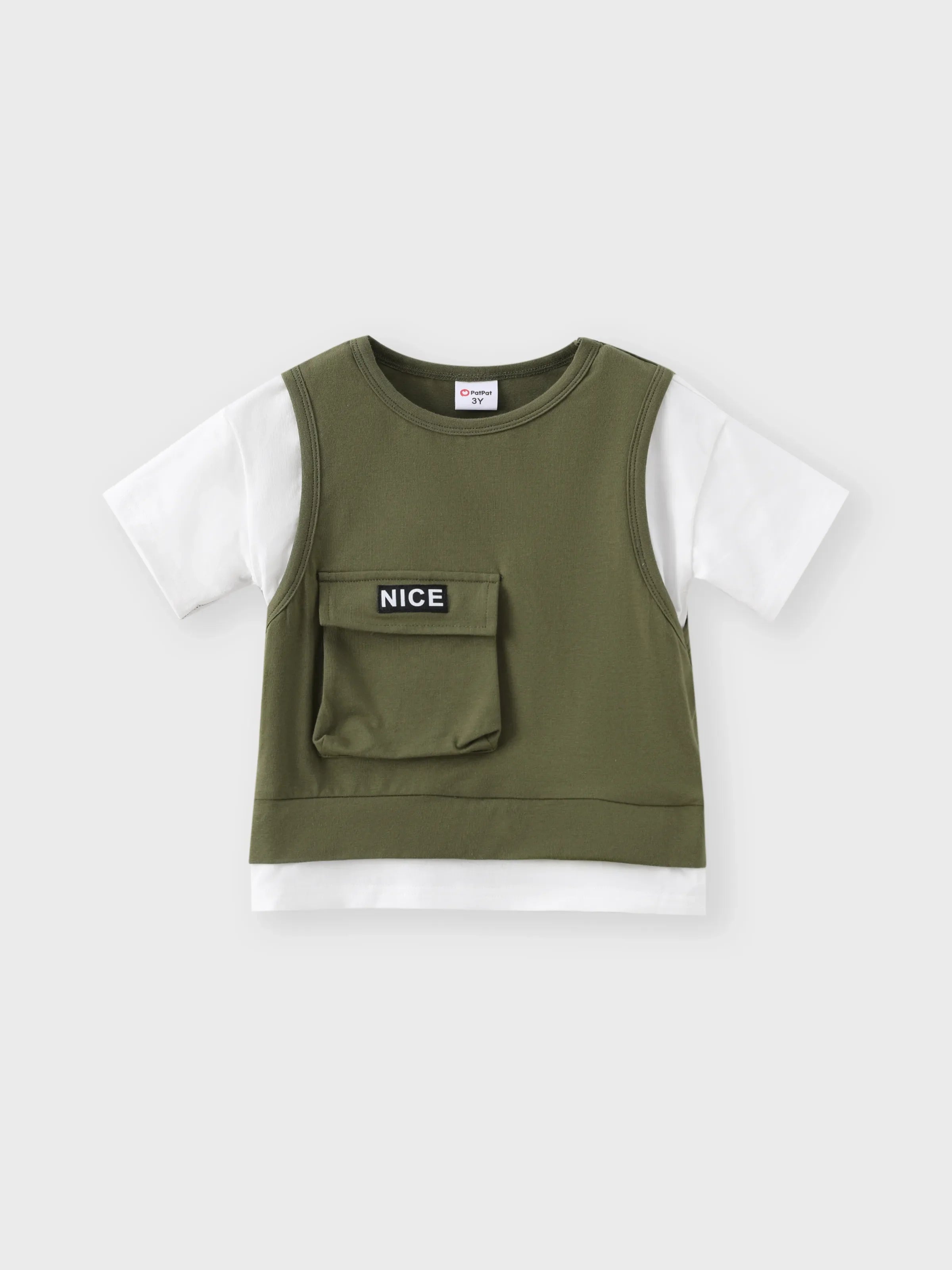 2pcs Toddler Boy Trendy Patch Pocket Short-sleeve Cotton Top and Cargo Shorts Set Army green