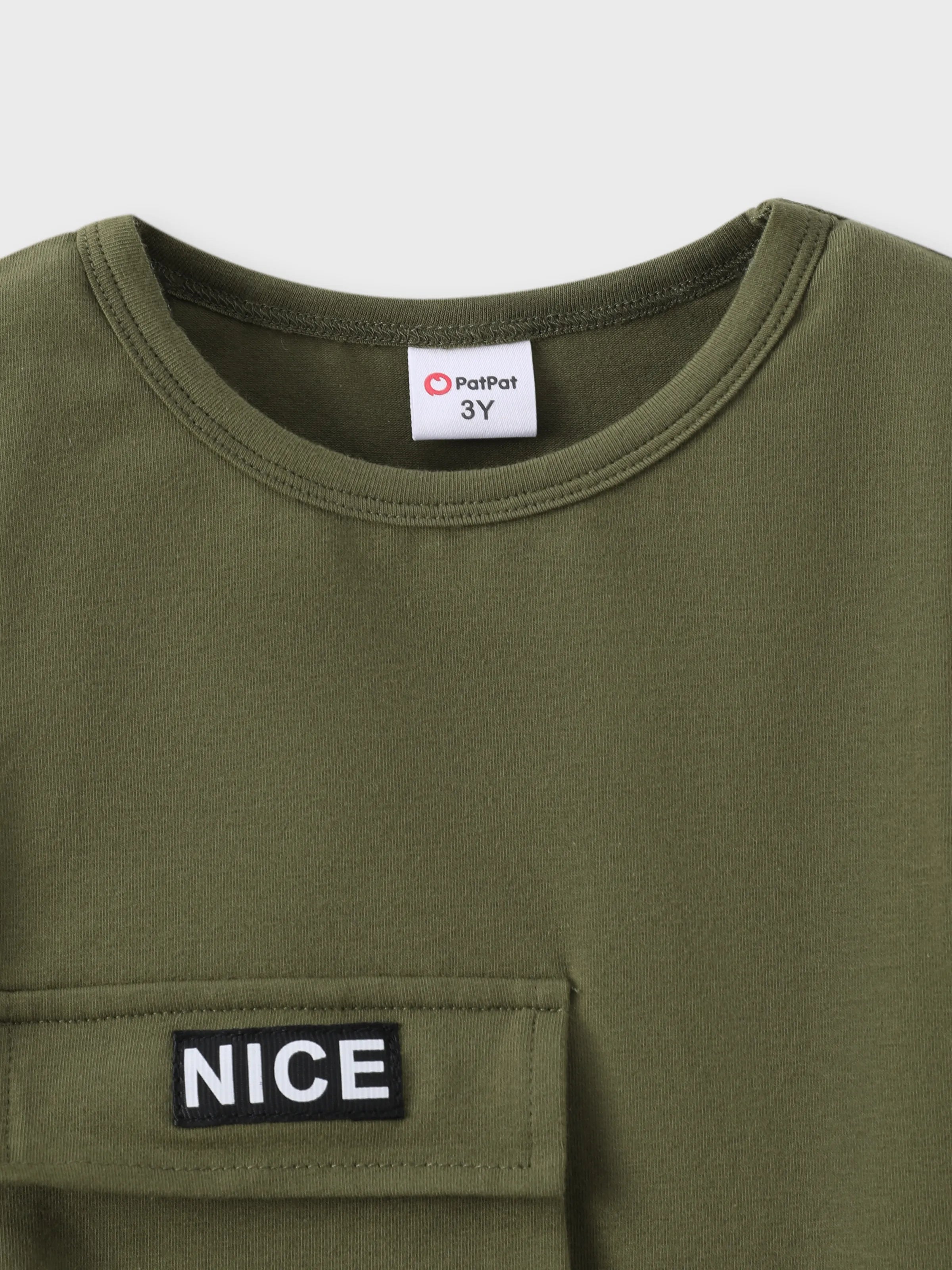 2pcs Toddler Boy Trendy Patch Pocket Short-sleeve Cotton Top and Cargo Shorts Set Army green