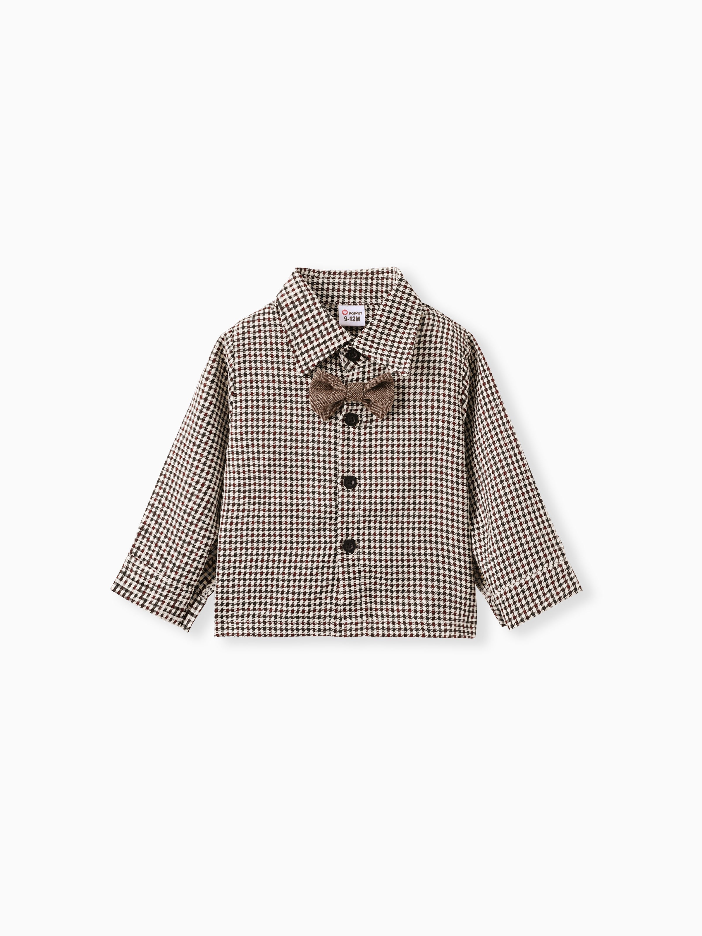 3PCS Baby Boy Elegant Grid/Houndstooth Shirt Collar Long Sleeve Set Brown