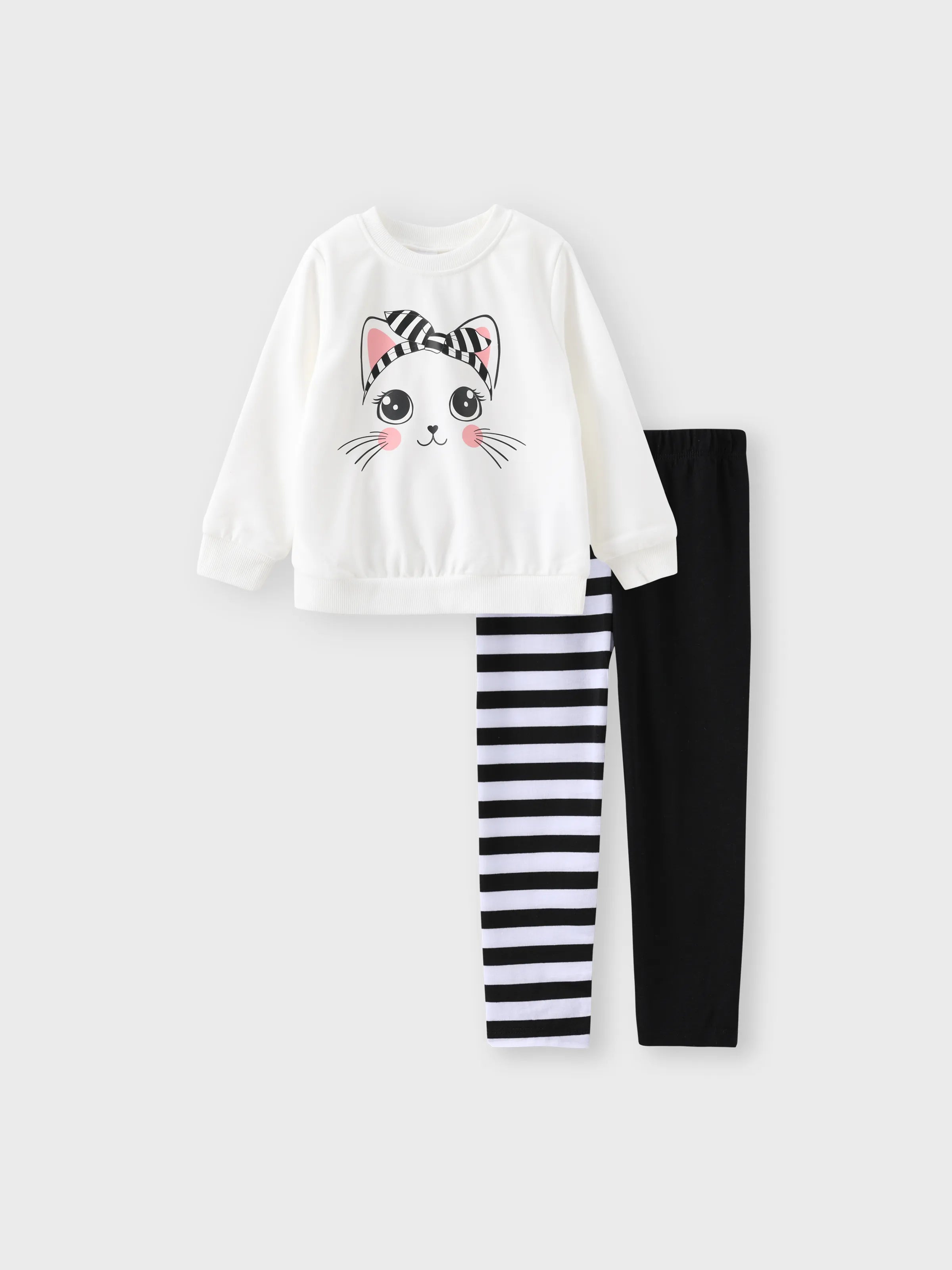 2pcs Toddler Girl Cat Pattern Fabric Stitching Design Set BlackandWhite