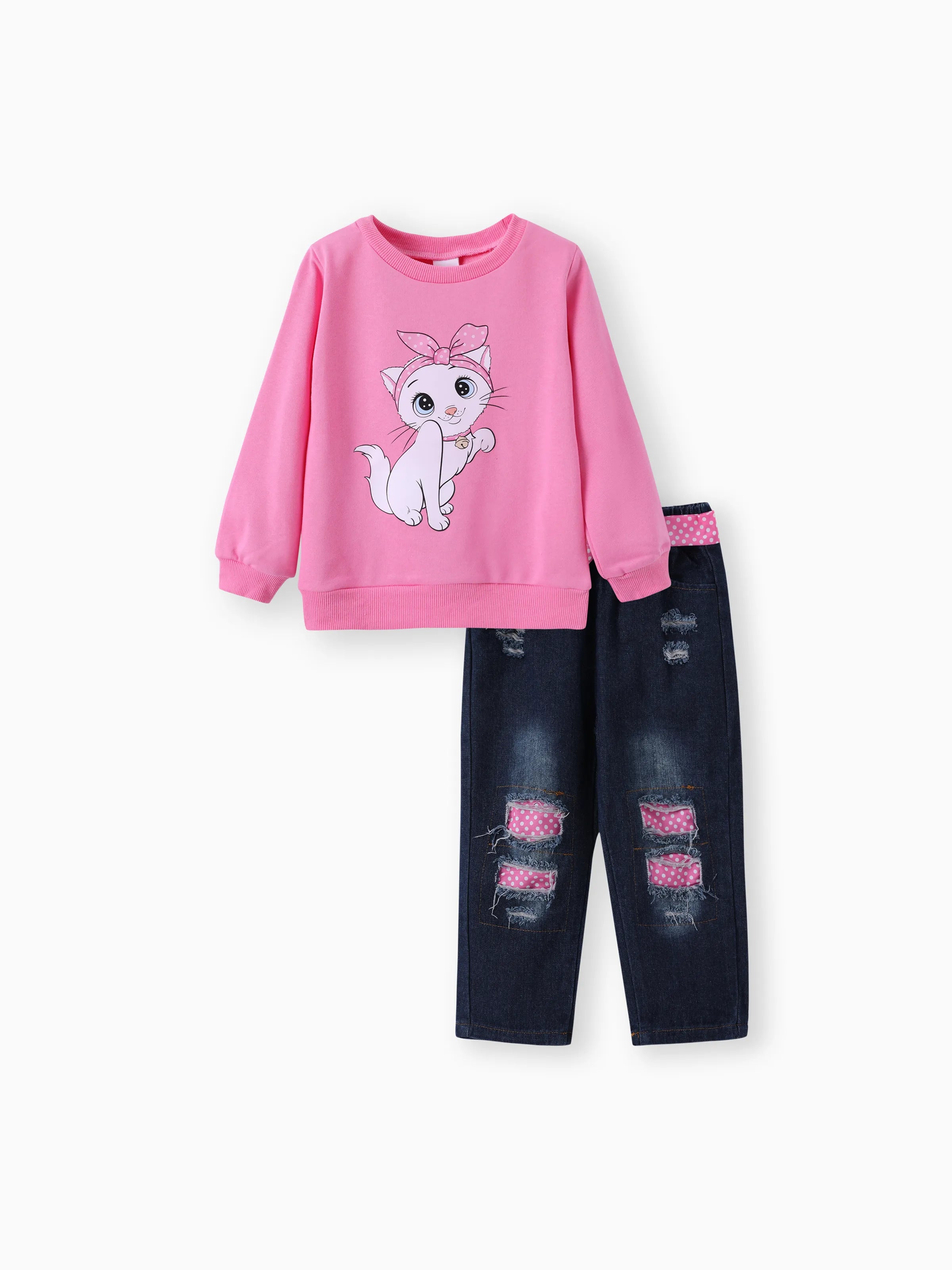 3PCS Toddler Girl Childlike Cat Pattern Distressed Patchwork Denim Jean set Pink