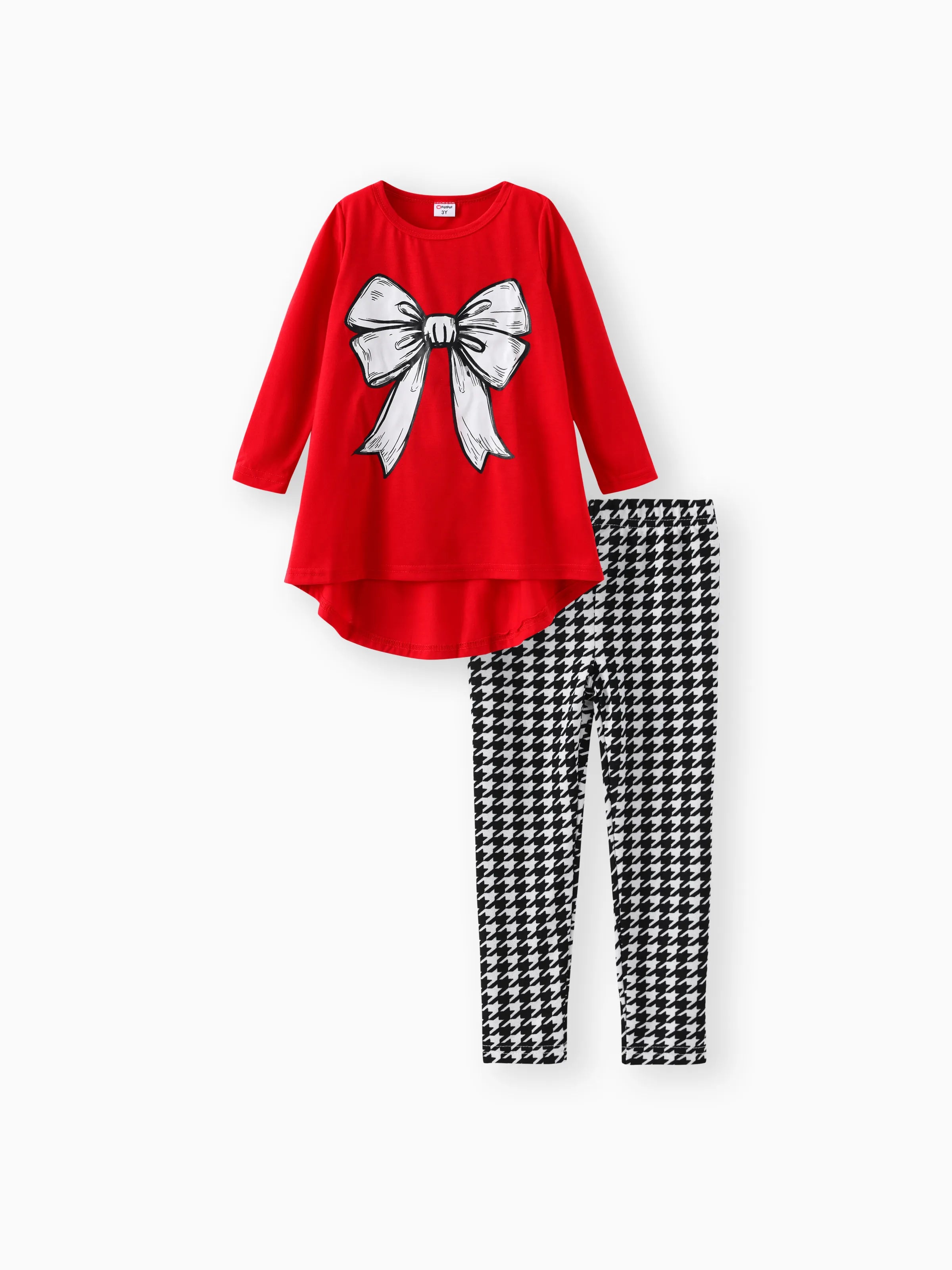 2pcs Toddler Girl Bowknot Print High Low Long-sleeve Tee and Houndstooth Leggings Set Red-2