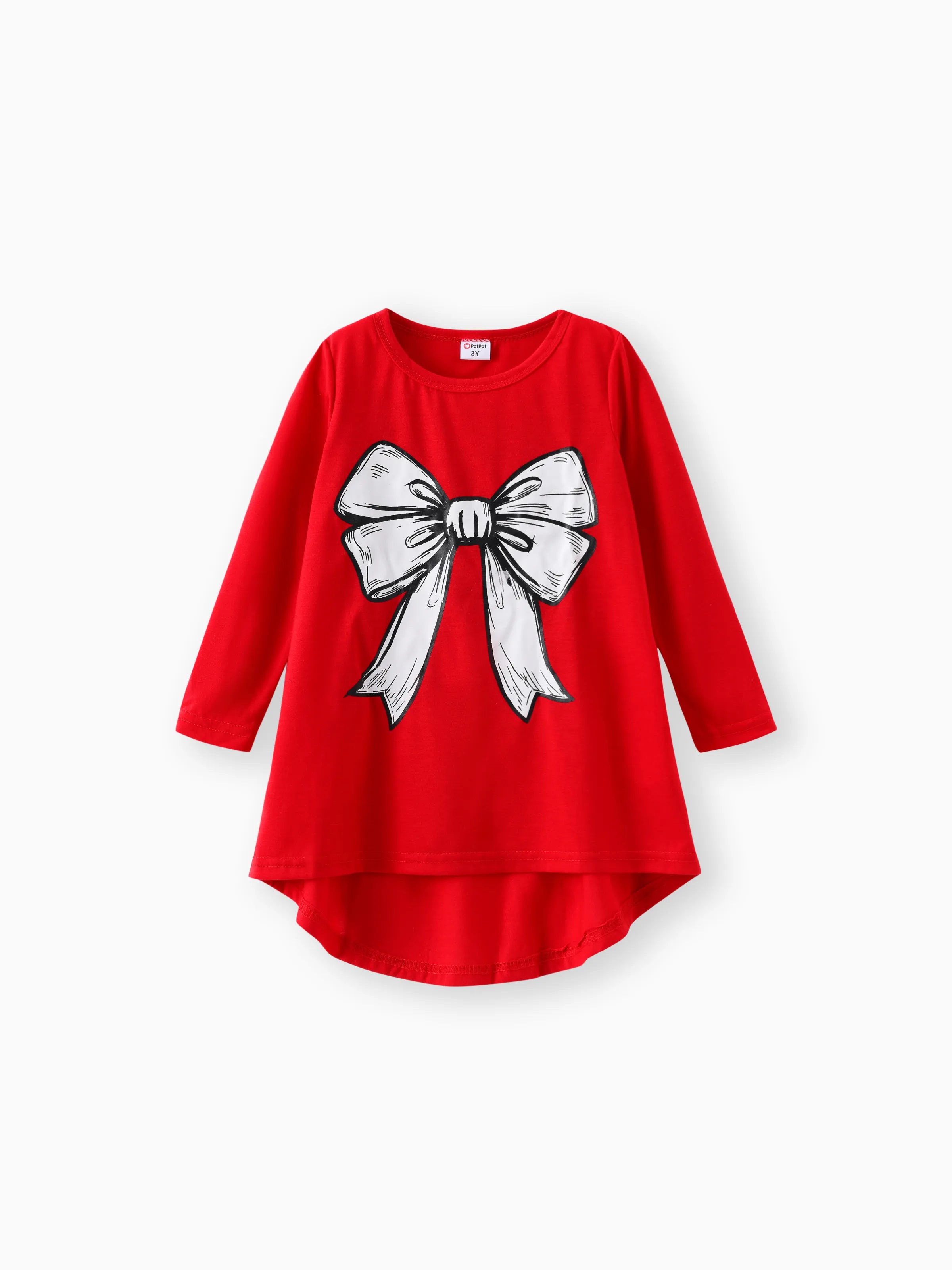 2pcs Toddler Girl Bowknot Print High Low Long-sleeve Tee and Houndstooth Leggings Set Red-2