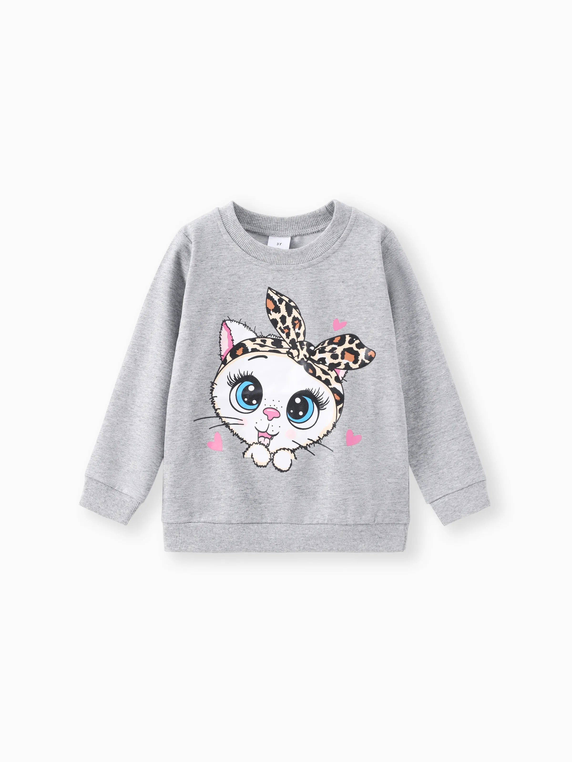 2-piece Toddler Girl Cat Print Pullover Sweatshirt and Leopard Print Pants Set Grey