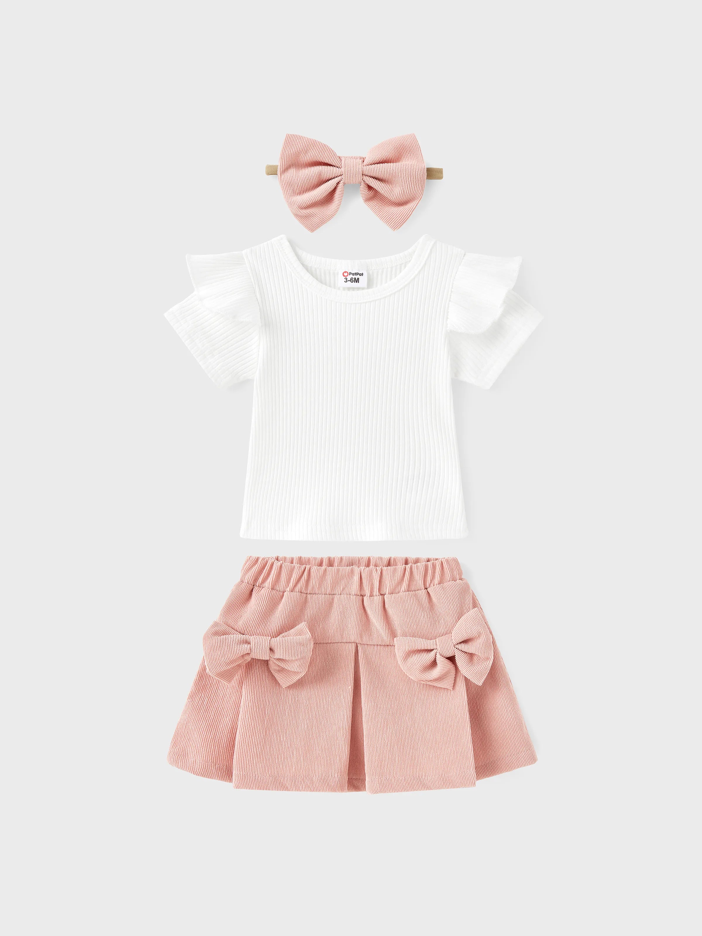 3pcs Baby Girl 95% Cotton Ribbed Ruffle Short-sleeve Tee and Bow Front Skirt & Headband Set Pink