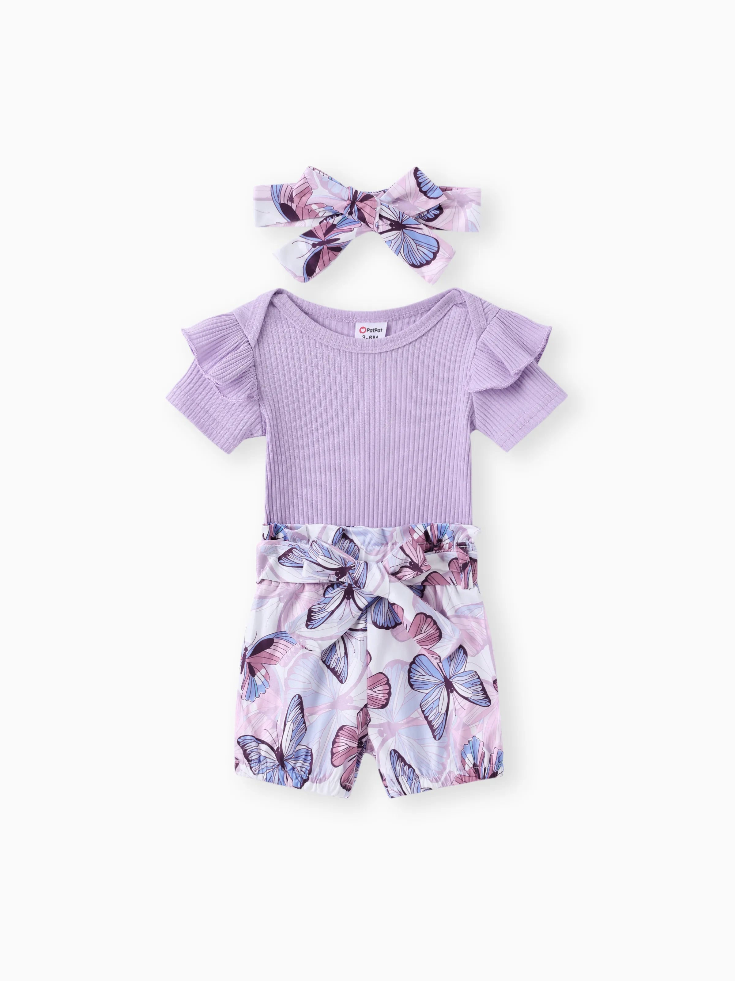 3pcs Baby Girl Ribbed Romper & Belted Shorts & Headband Set Purple