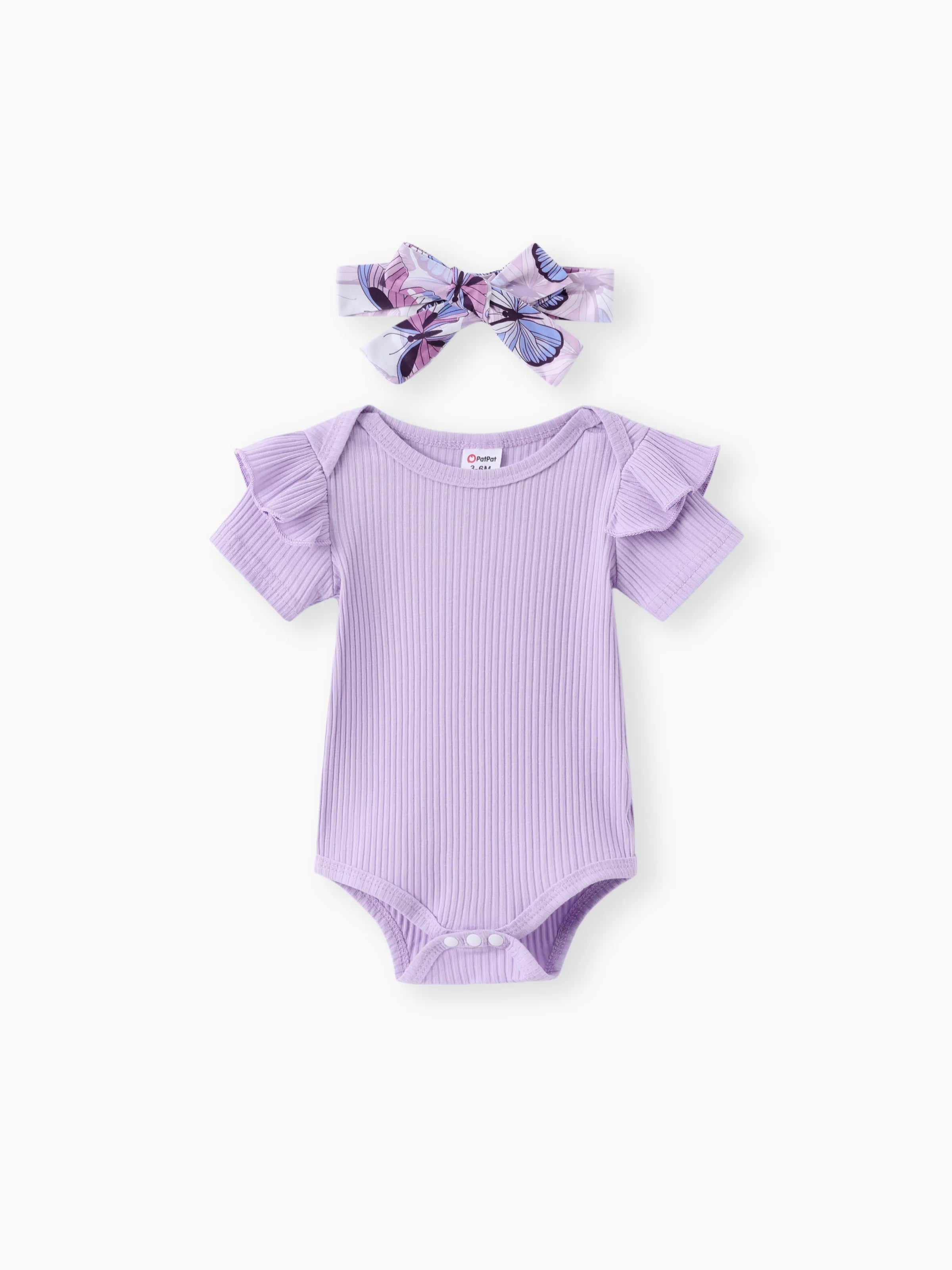 3pcs Baby Girl Ribbed Romper & Belted Shorts & Headband Set Purple