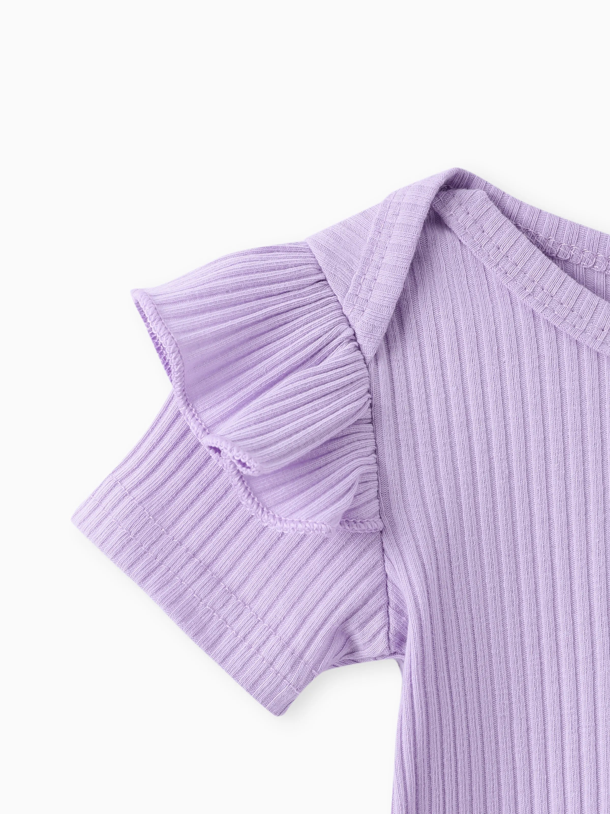 3pcs Baby Girl Ribbed Romper & Belted Shorts & Headband Set Purple