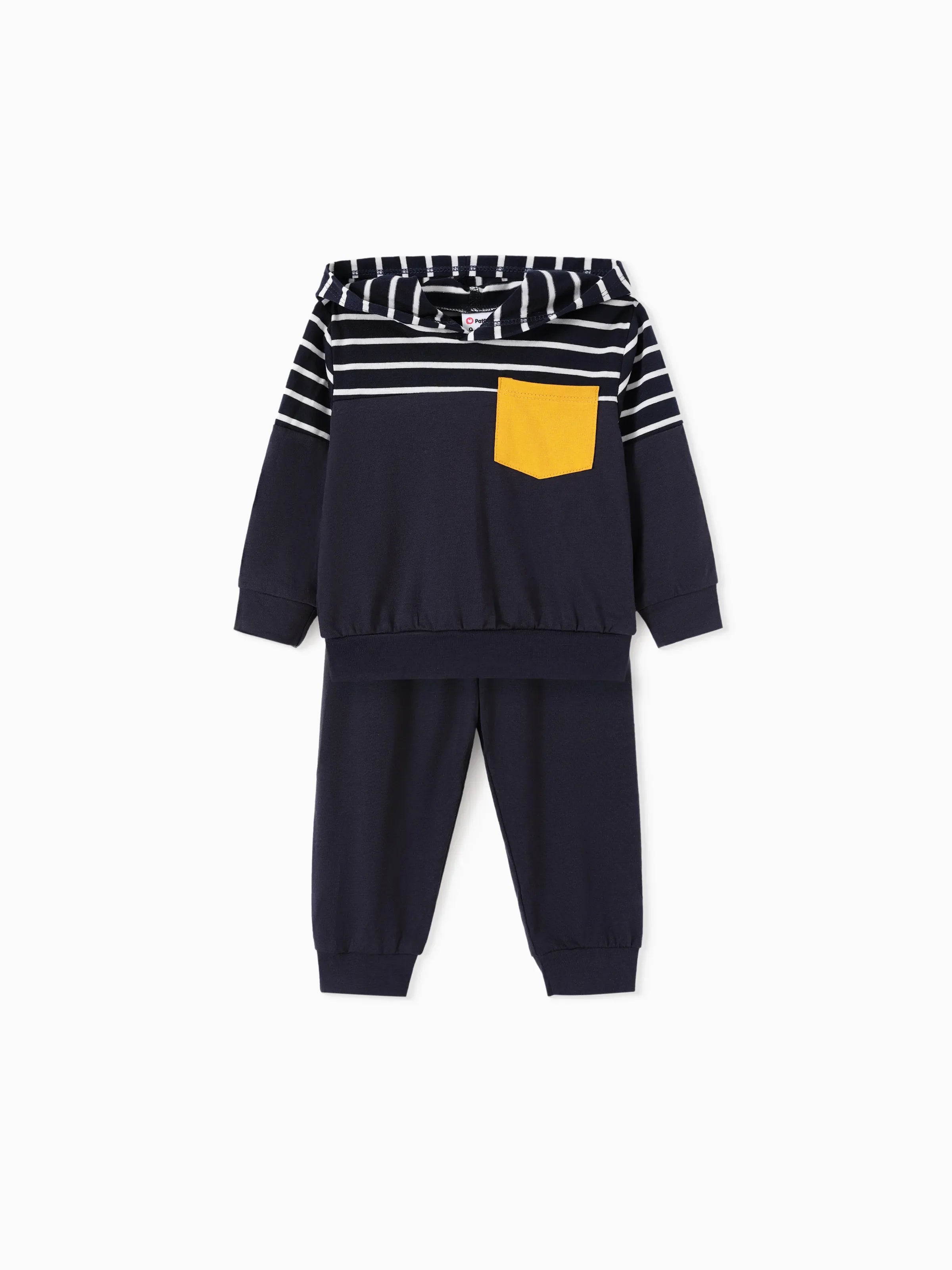 2pcs Baby Boy Long-sleeve Striped Spliced Hoodie and Badge Detail Sweatpants Set Tibetan blue
