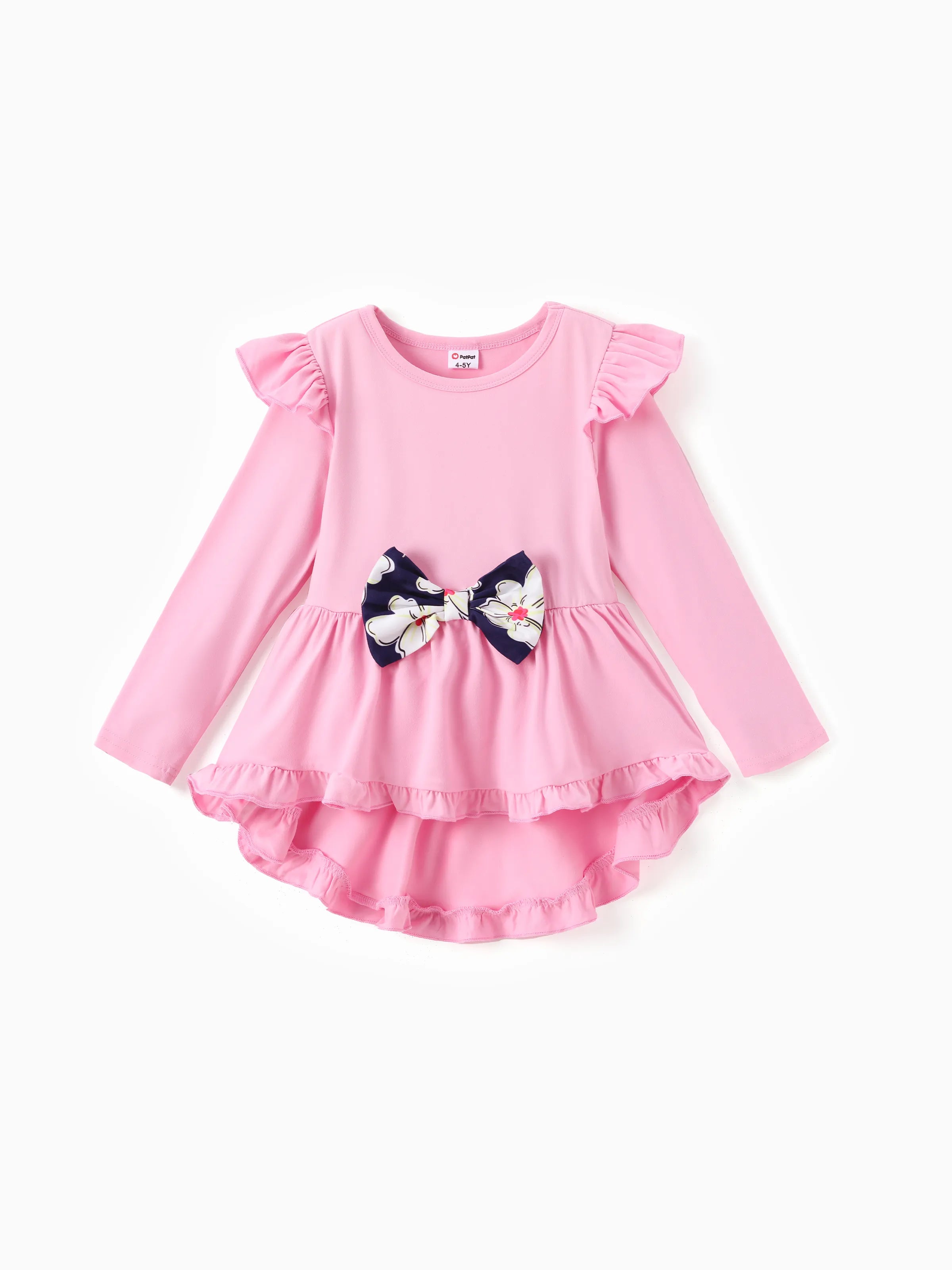 2-piece Kid Girl Bowknot Ruffled Long-sleeves Tee and Flower Allover Print Pants Pink
