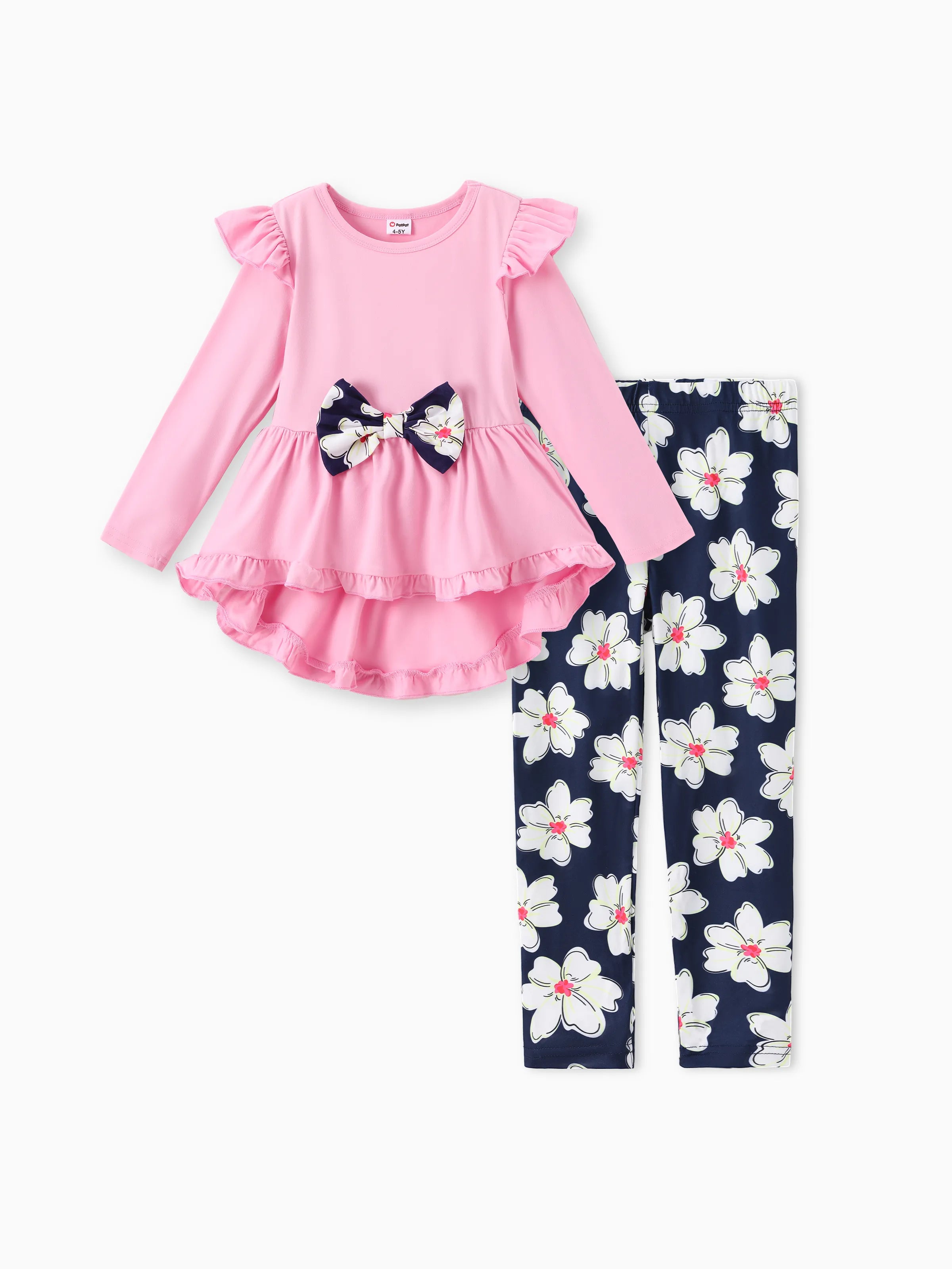 2-piece Kid Girl Bowknot Ruffled Long-sleeves Tee and Flower Allover Print Pants Pink