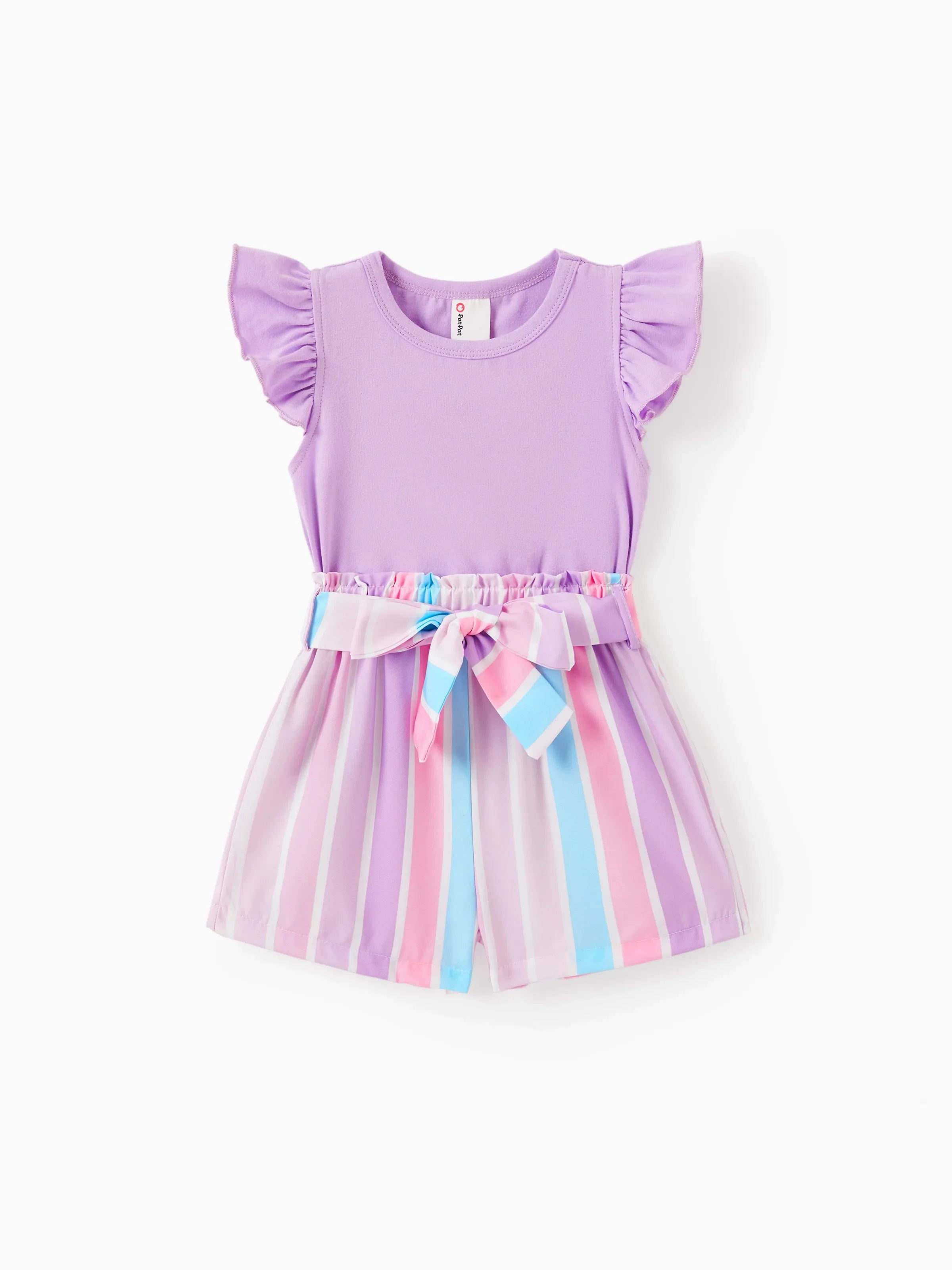 2pcs Toddler Girl Sweet Flutter-sleeve Tee and Stripe Belted Shorts Set Light Purple