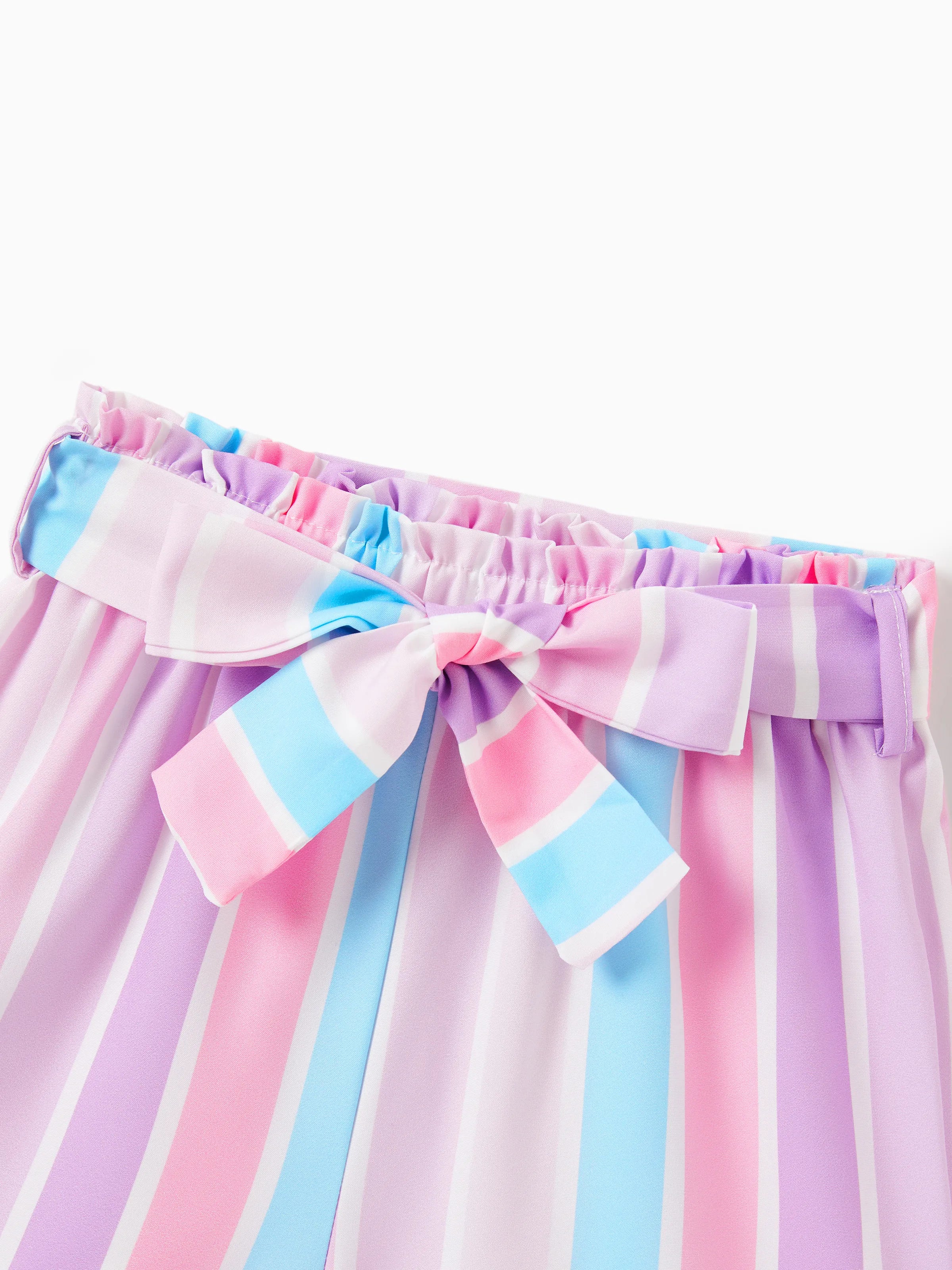 2pcs Toddler Girl Sweet Flutter-sleeve Tee and Stripe Belted Shorts Set Light Purple