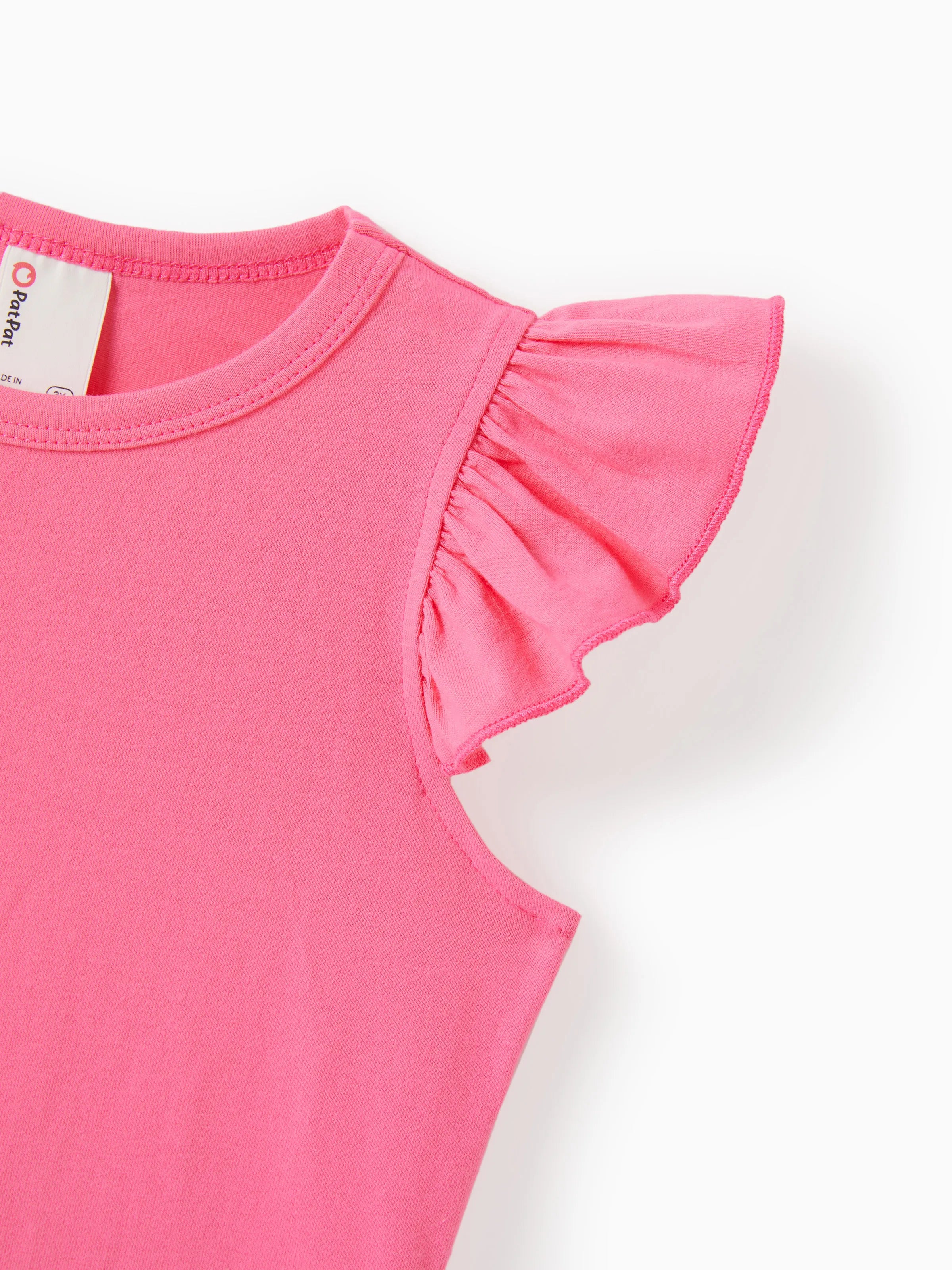 2pcs Toddler Girl Sweet Flutter-sleeve Tee and Stripe Belted Shorts Set Hot Pink