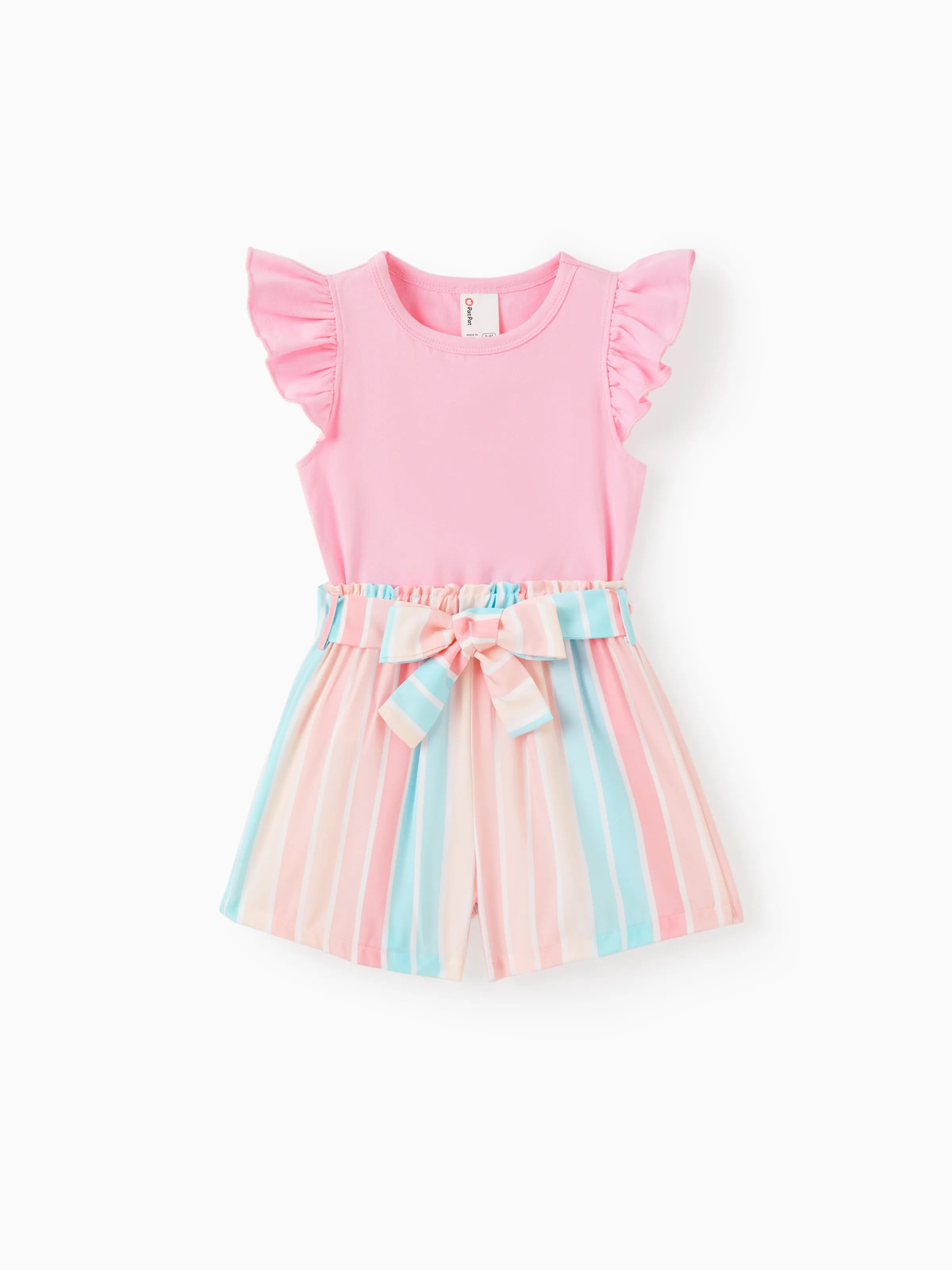 2pcs Toddler Girl Sweet Flutter-sleeve Tee and Stripe Belted Shorts Set Pink