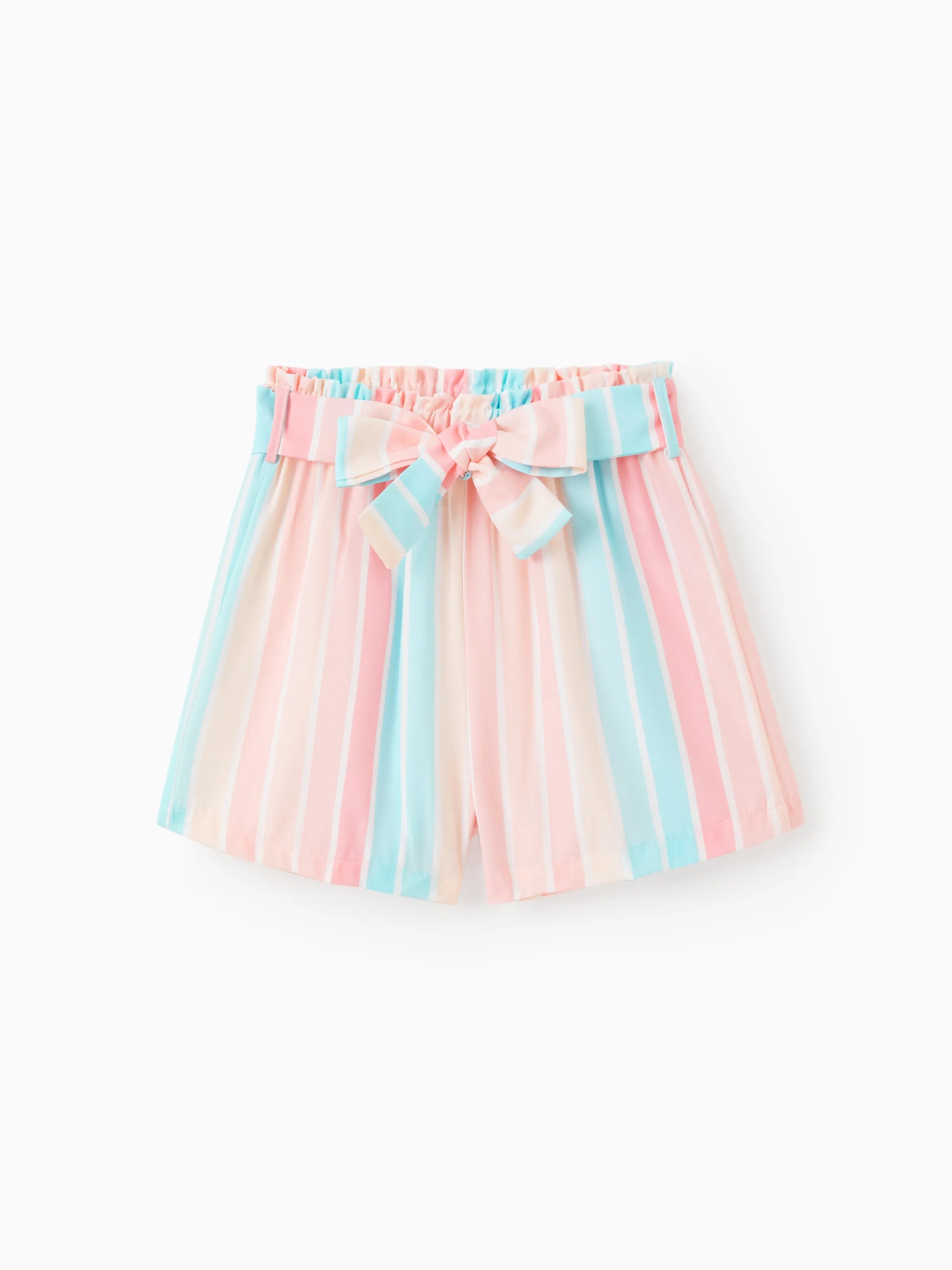 2pcs Toddler Girl Sweet Flutter-sleeve Tee and Stripe Belted Shorts Set Pink