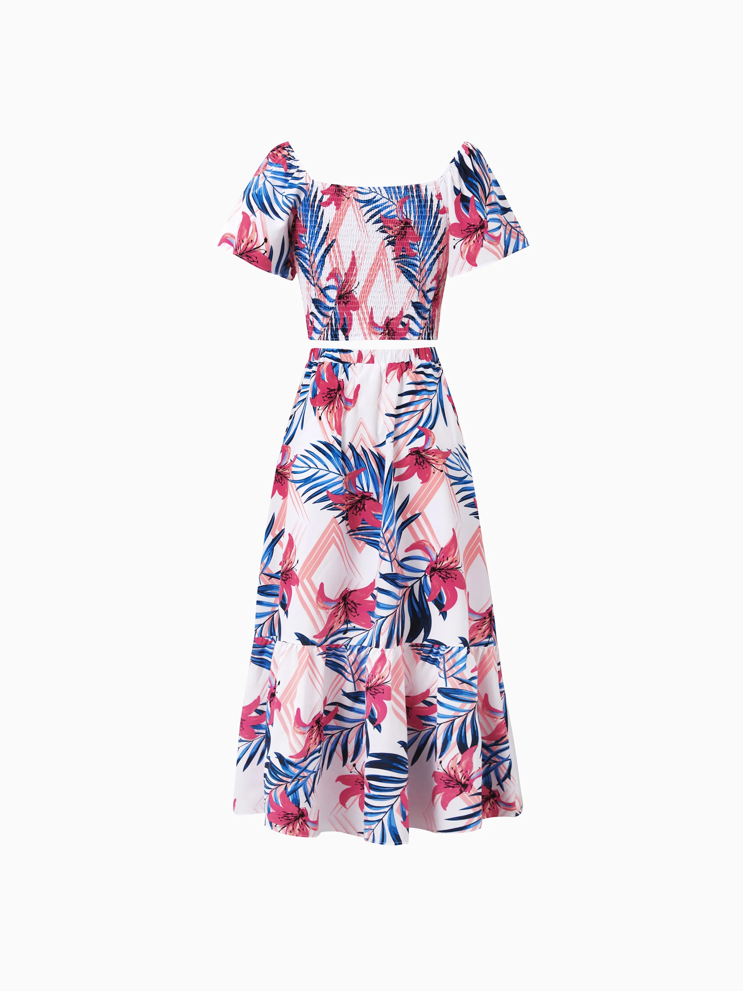 Tropical Floral Family Matching Outfits Pink Blue Leaf Print Short-sleeve Shirt or One Shoulder Smocked top and Skirt Co-ord Set for Vacation, Cruise, Beach White