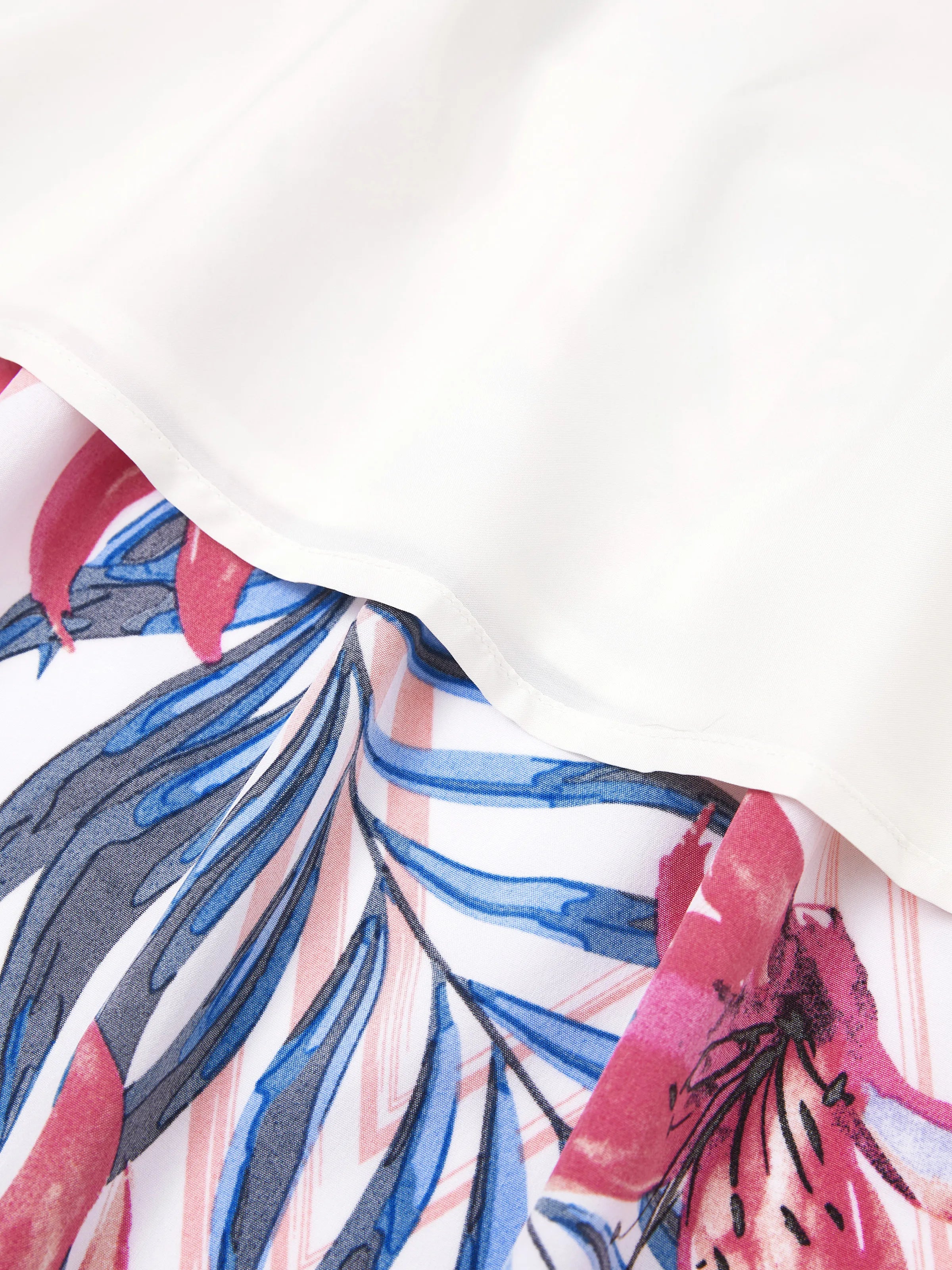 Tropical Floral Family Matching Outfits Pink Blue Leaf Print Short-sleeve Shirt or One Shoulder Smocked top and Skirt Co-ord Set for Vacation, Cruise, Beach White