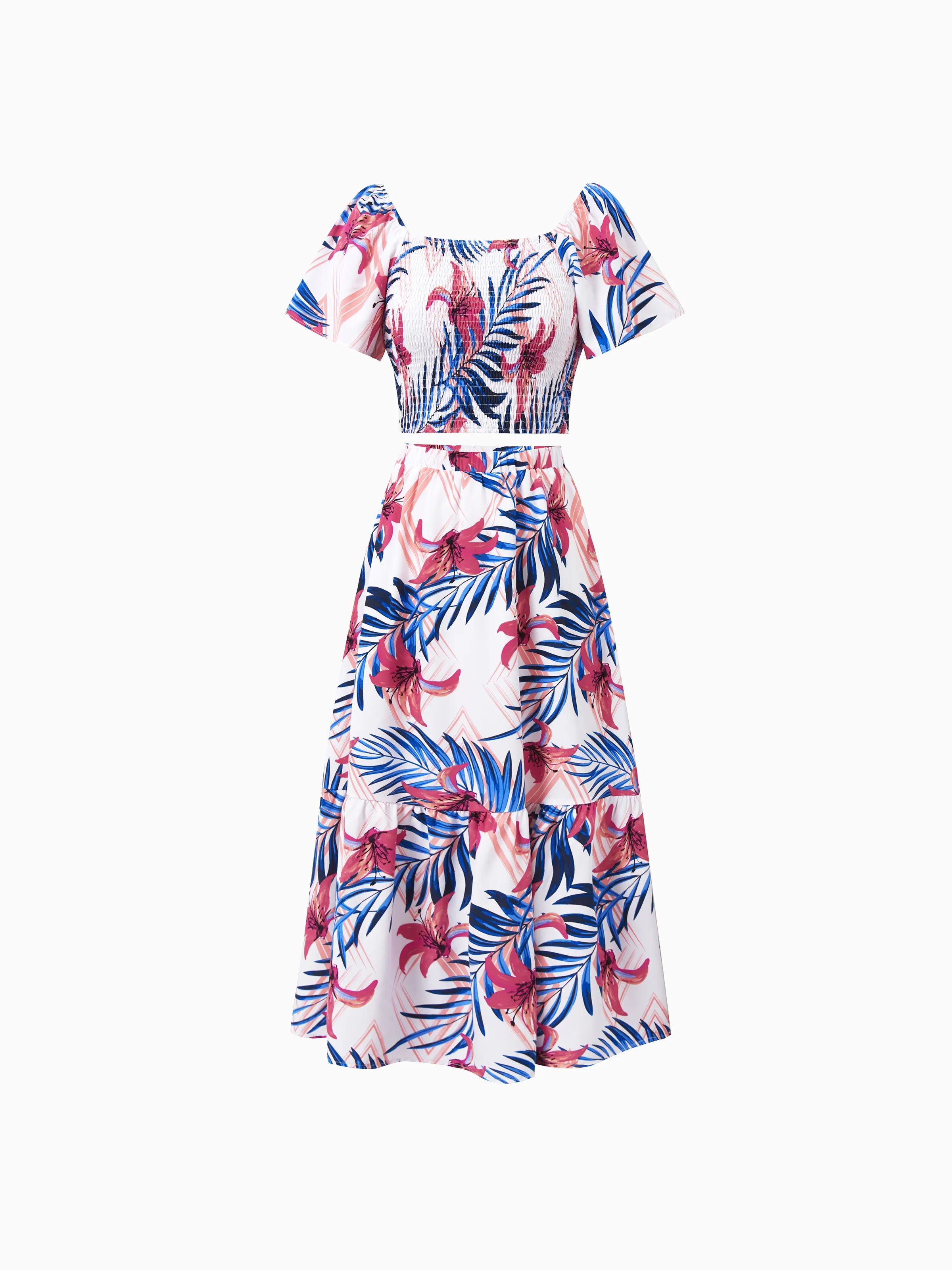 Tropical Floral Family Matching Outfits Pink Blue Leaf Print Short-sleeve Shirt or One Shoulder Smocked top and Skirt Co-ord Set for Vacation, Cruise, Beach White