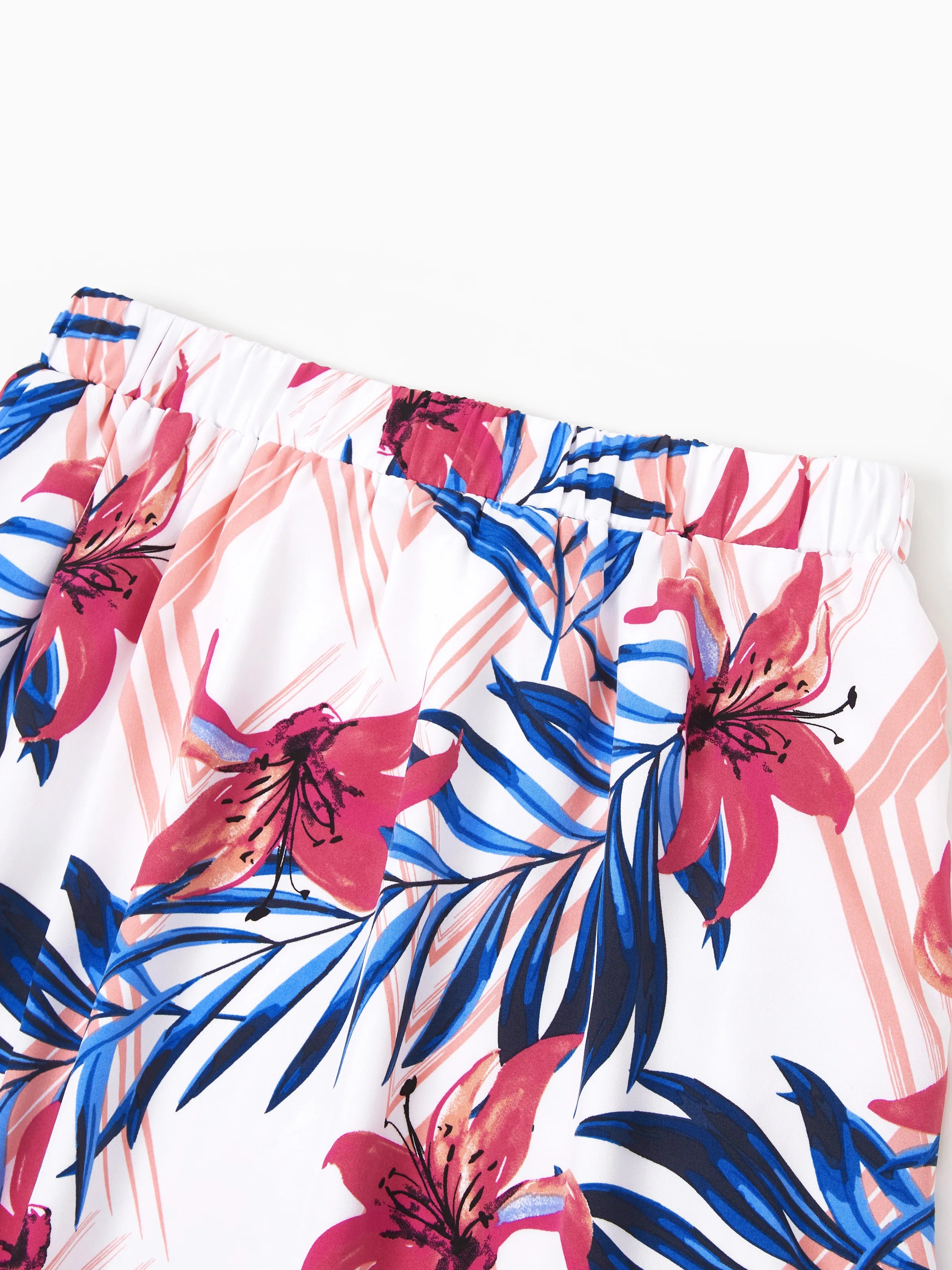 Tropical Floral Family Matching Outfits Pink Blue Leaf Print Short-sleeve Shirt or One Shoulder Smocked top and Skirt Co-ord Set for Vacation, Cruise, Beach White