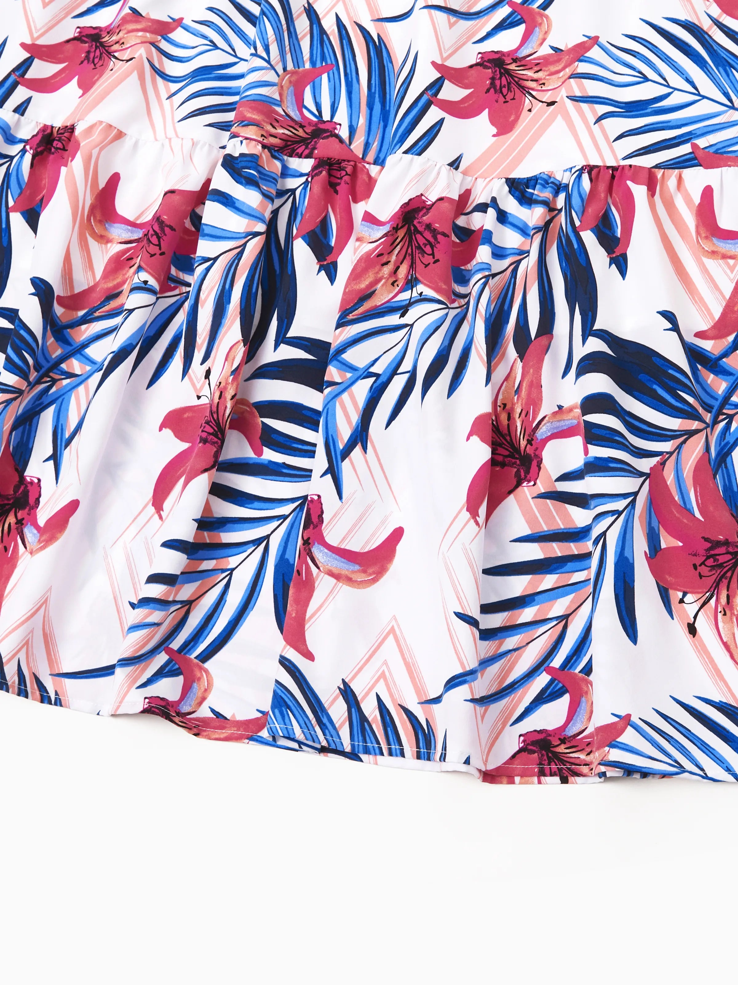 Tropical Floral Family Matching Outfits Pink Blue Leaf Print Short-sleeve Shirt or One Shoulder Smocked top and Skirt Co-ord Set for Vacation, Cruise, Beach White