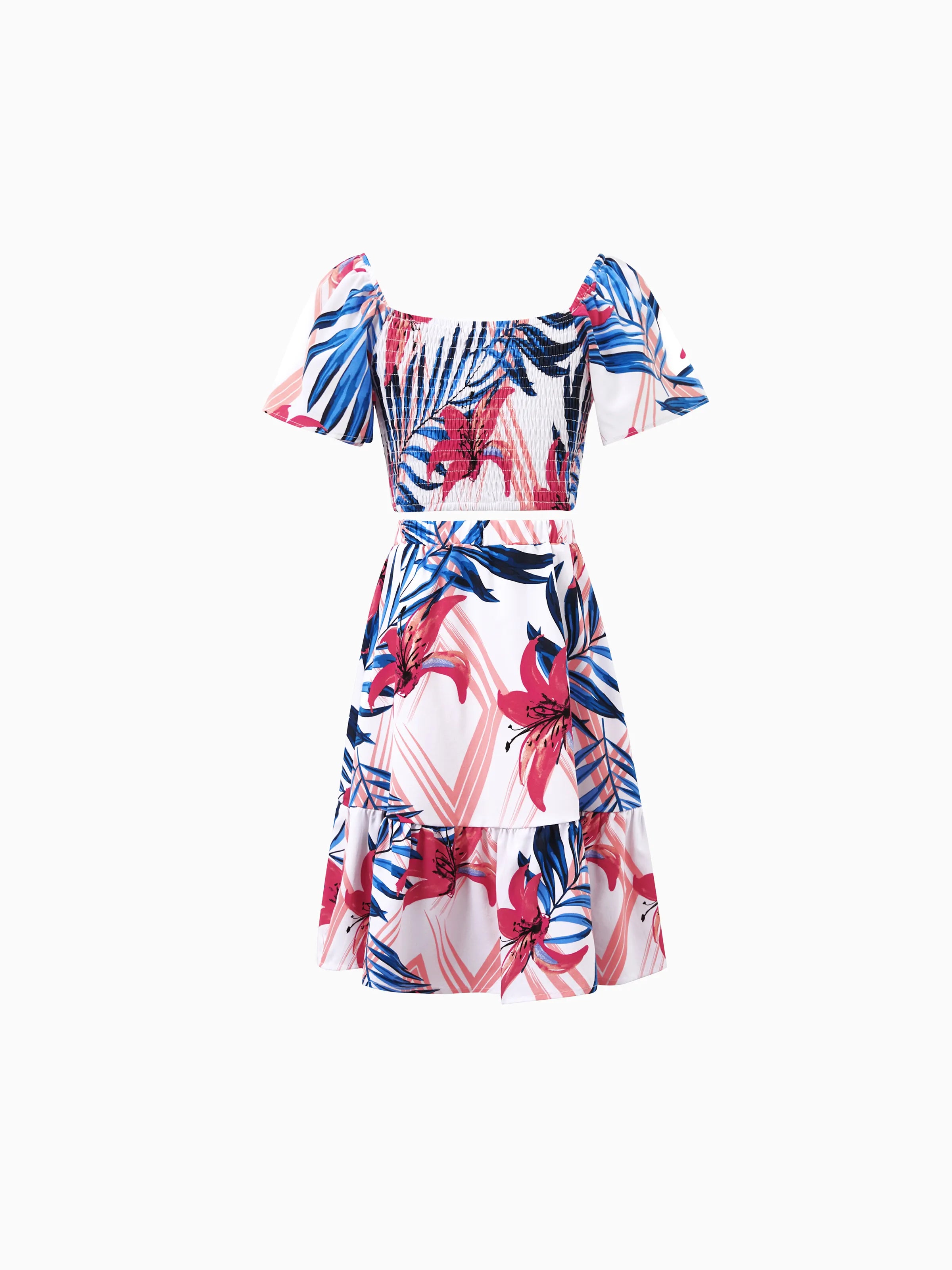 Tropical Floral Family Matching Outfits Pink Blue Leaf Print Short-sleeve Shirt or One Shoulder Smocked top and Skirt Co-ord Set for Vacation, Cruise, Beach White
