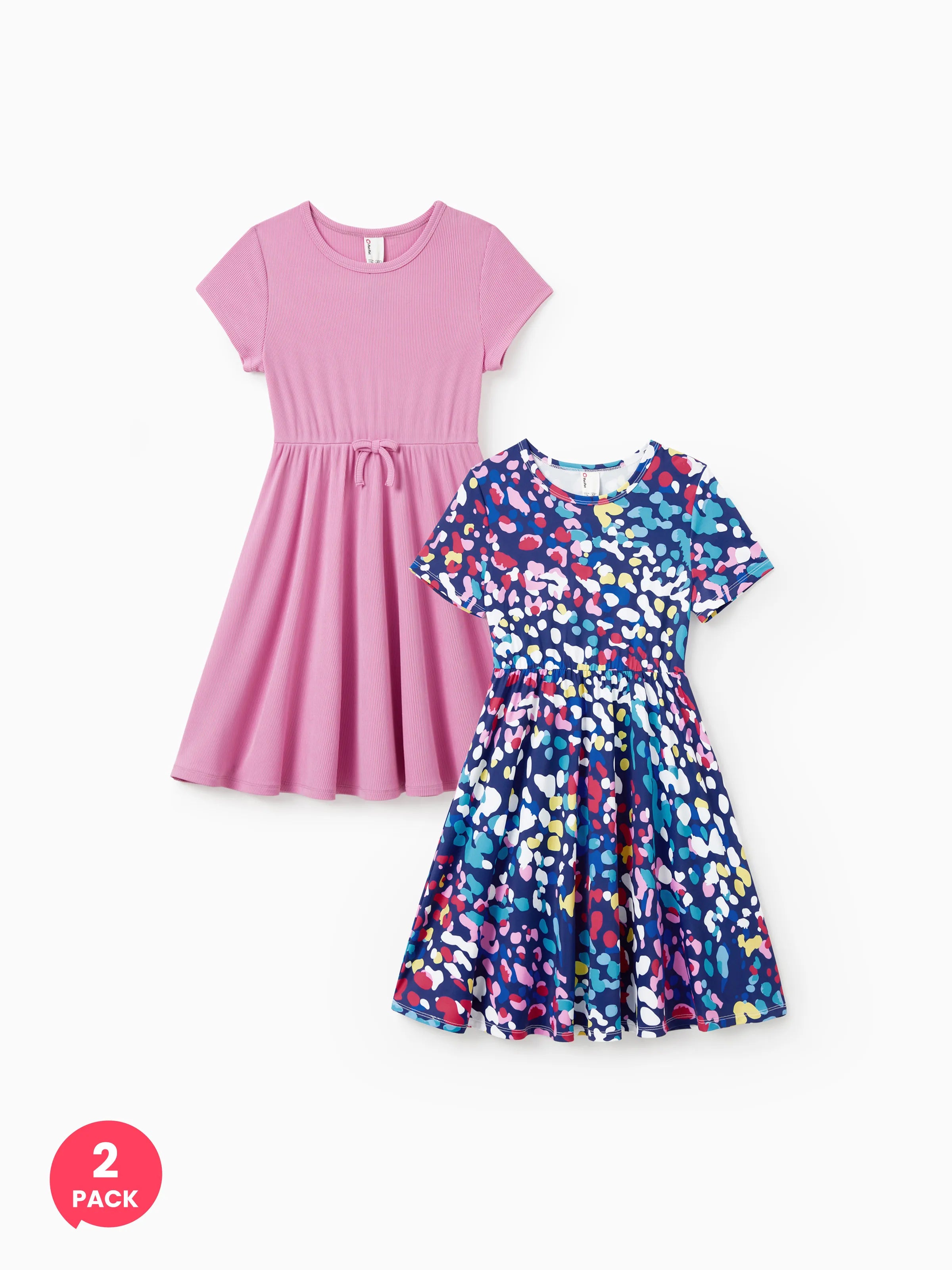 2-Pack Toddler/Kid Girl Printed & Solid Causal Dress Pink