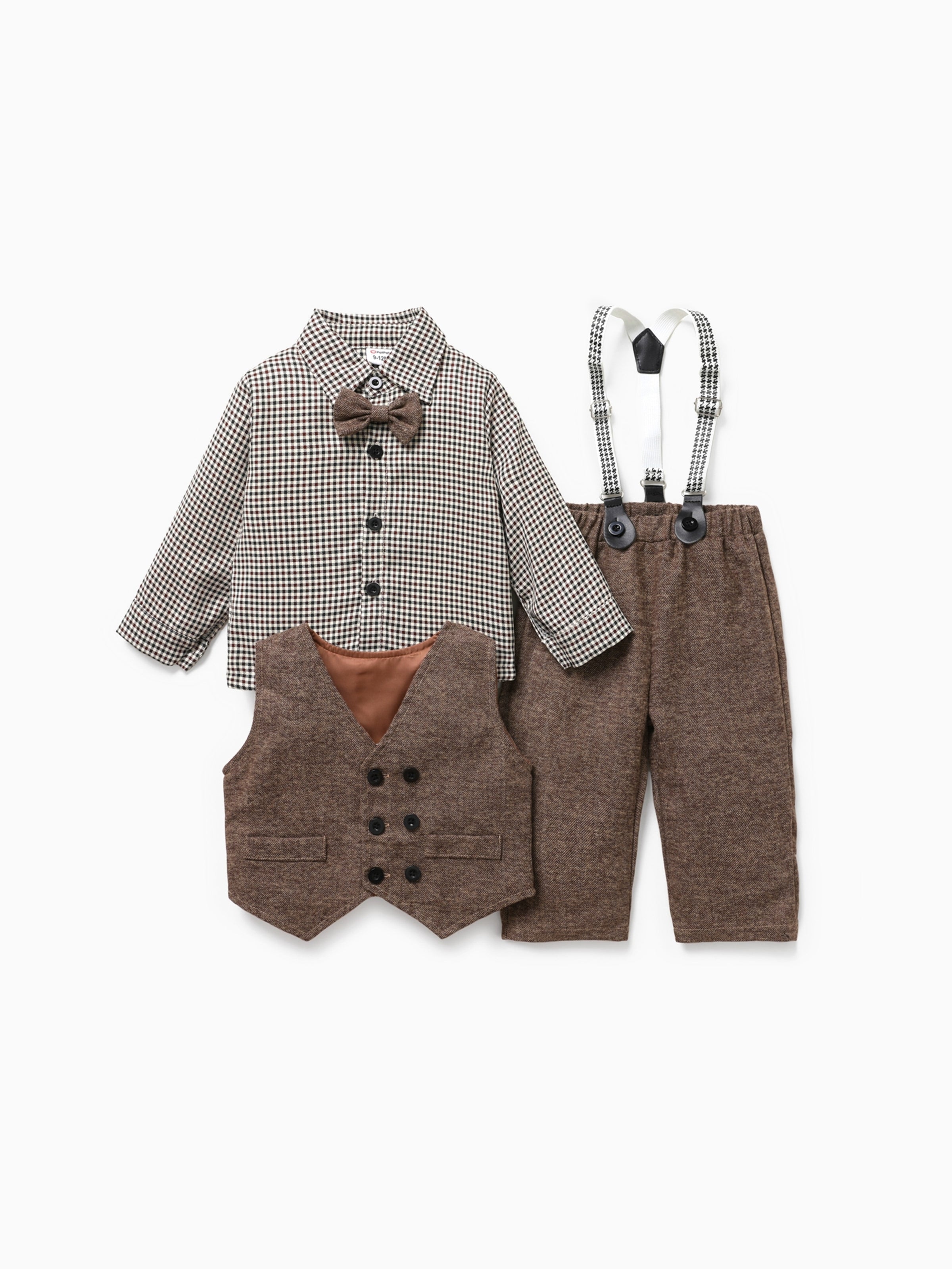 3PCS Baby Boy Elegant Grid/Houndstooth Shirt Collar Long Sleeve Set Brown