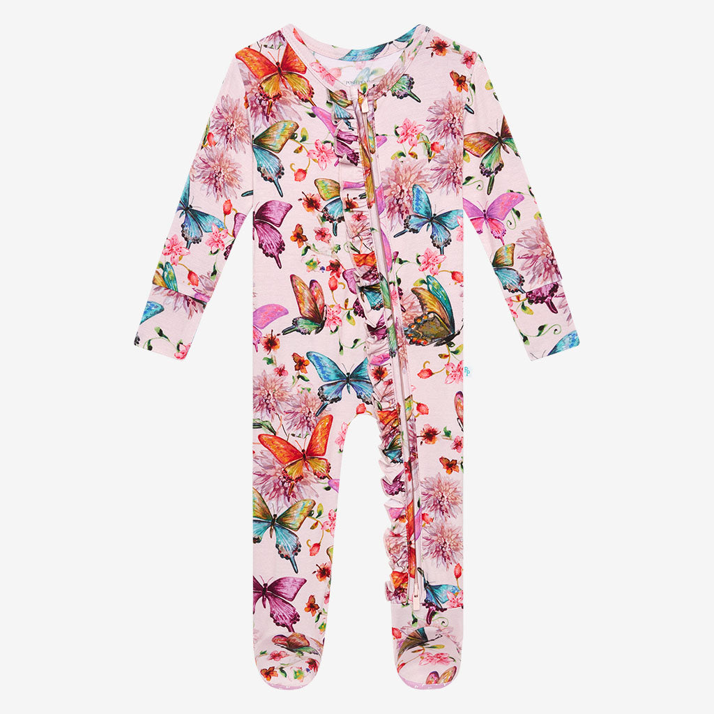 Watercolor Butterfly Footie Ruffled Zippered One Piece