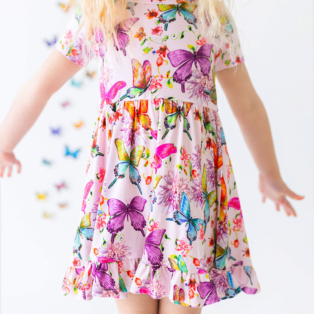 Watercolor Butterfly Short Sleeve Ruffled Twirl Dress
