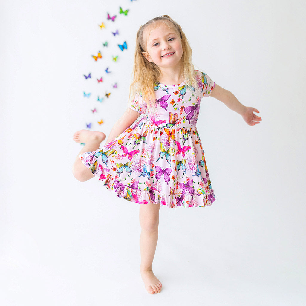 Watercolor Butterfly Short Sleeve Ruffled Twirl Dress