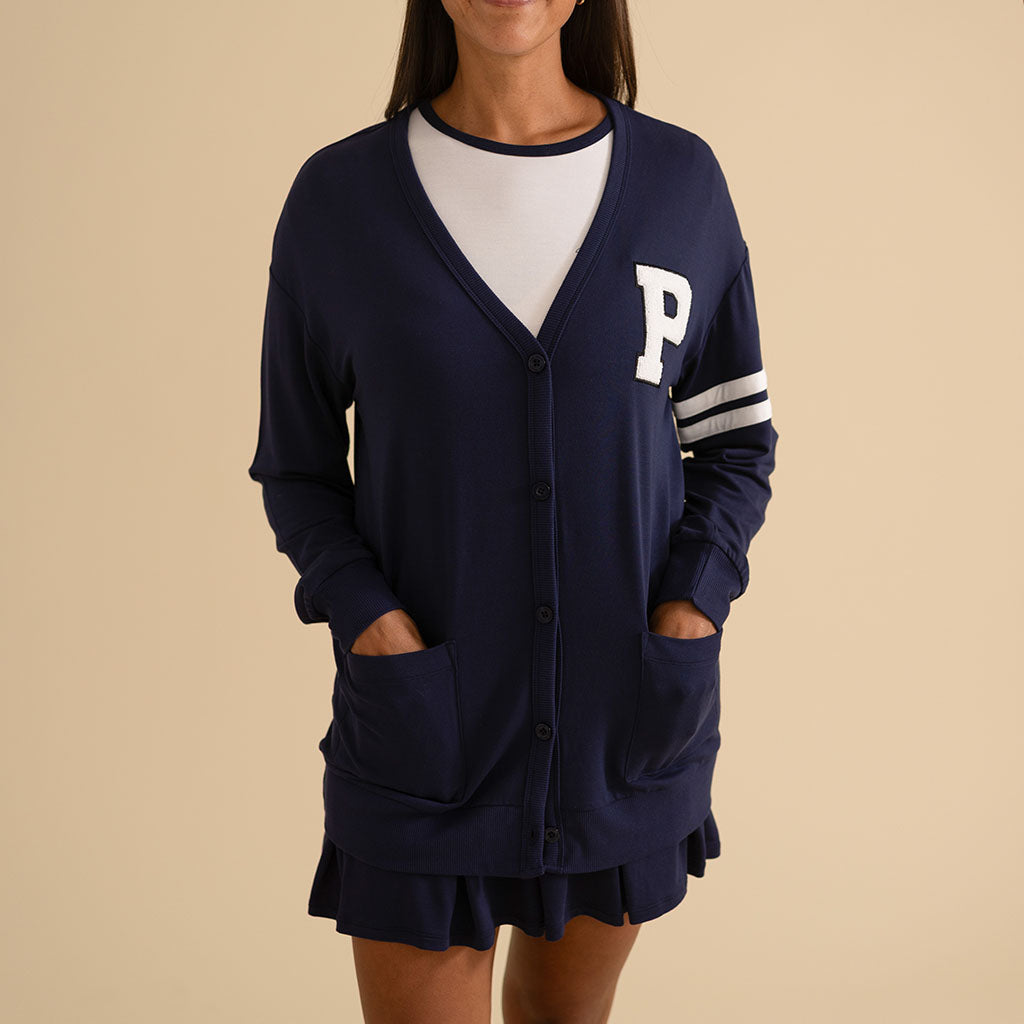 Varsity Navy Women's French Terry Varsity Cardigan