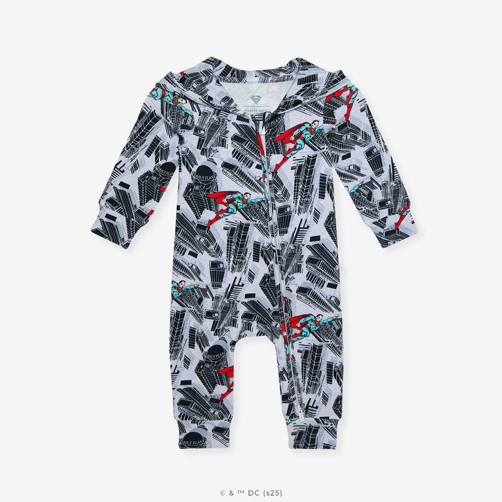 WB Superman Metropolis French Terry Zippered Hooded Romper