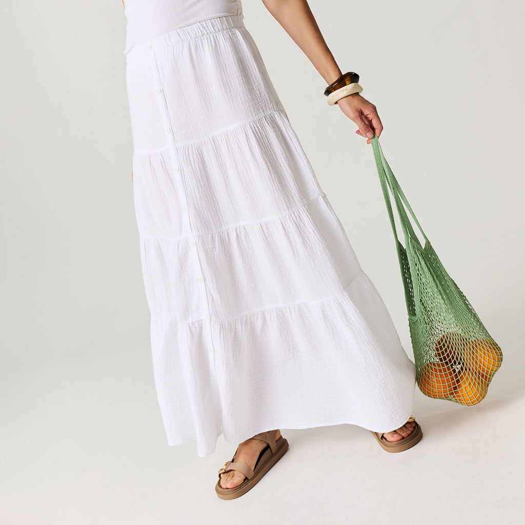Women's White Cotton Crinkle Maxi Skirt