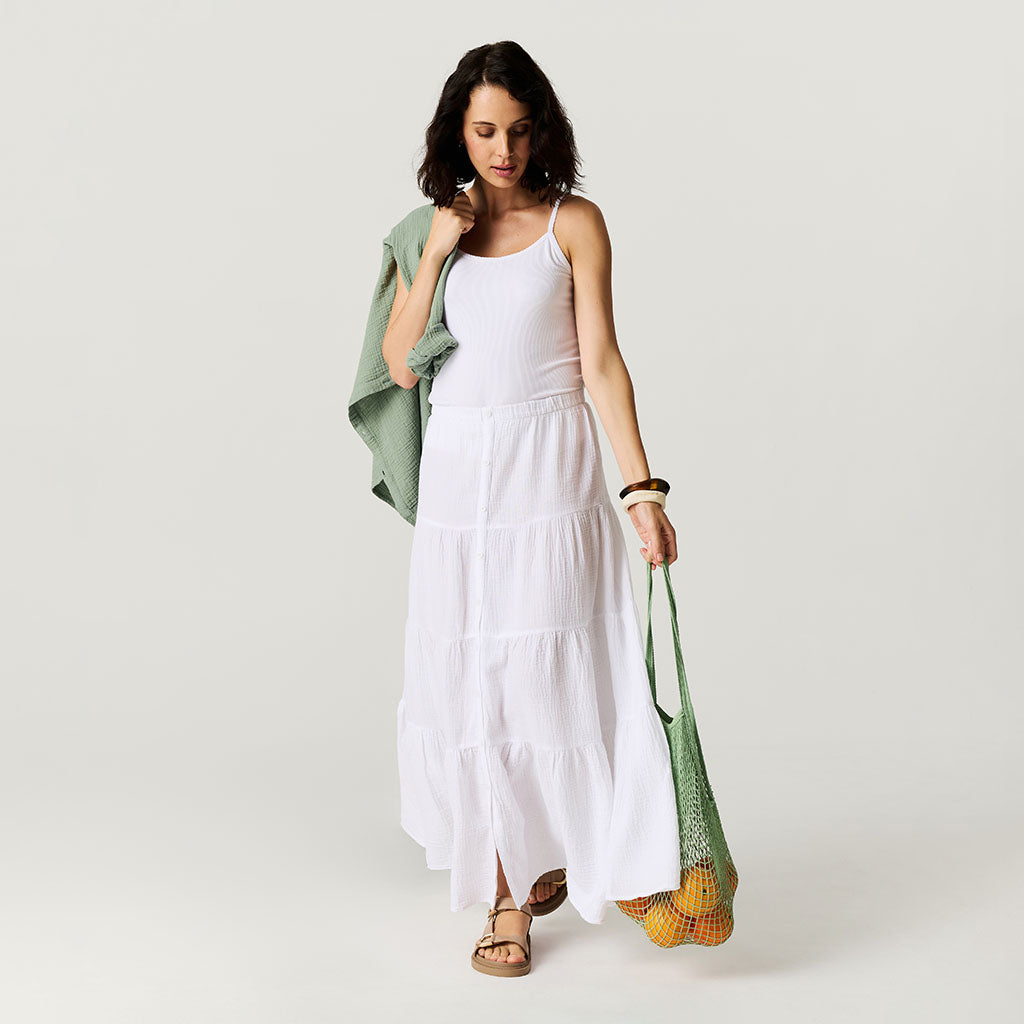 Women's White Cotton Crinkle Maxi Skirt