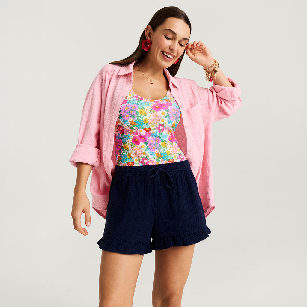 Varsity Navy Women's Cotton Crinkle Ruffled Shorts