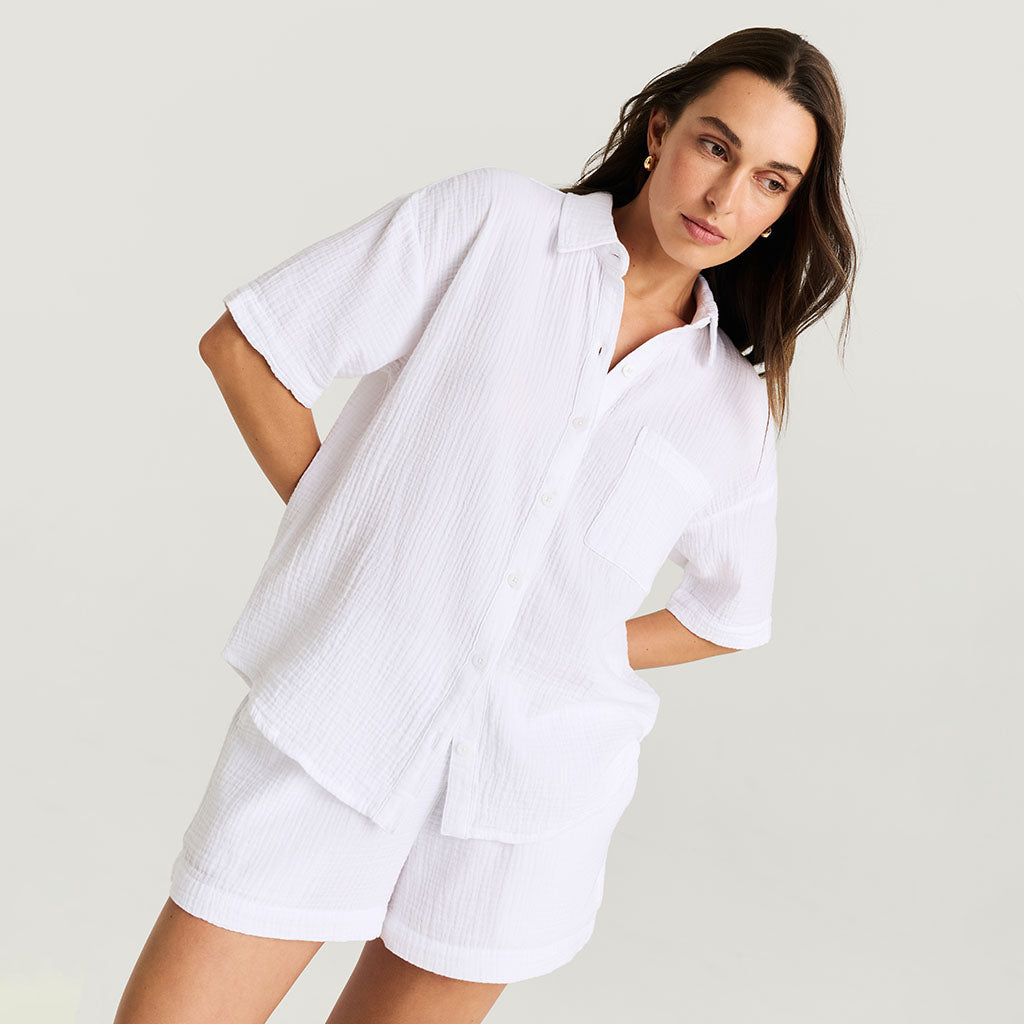 Women's White Cotton Crinkle Short Set