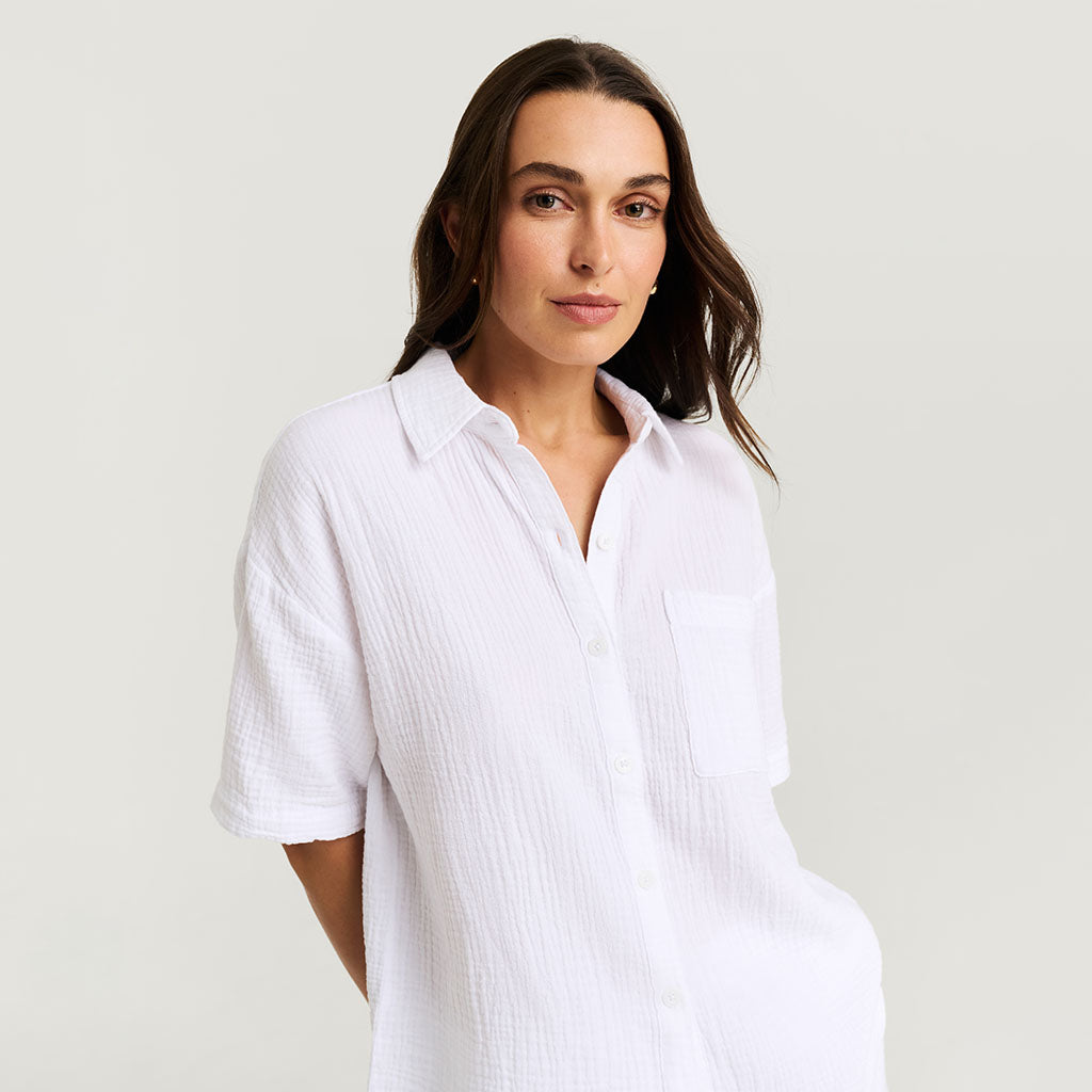 Women's White Cotton Crinkle Short Set