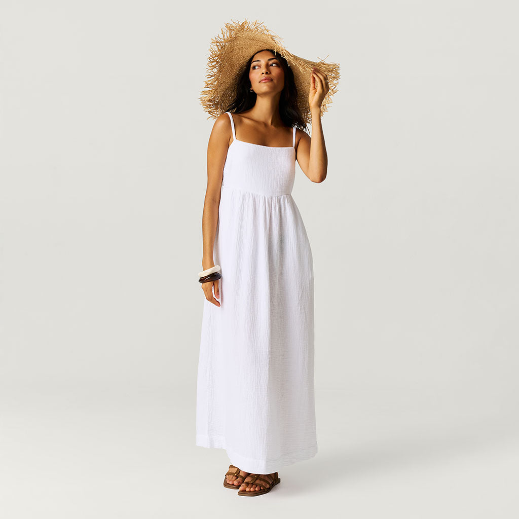Women's White Cotton Crinkle Maxi Dress