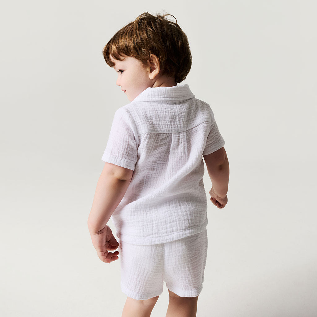 White Cotton Crinkle Button Down Short Set